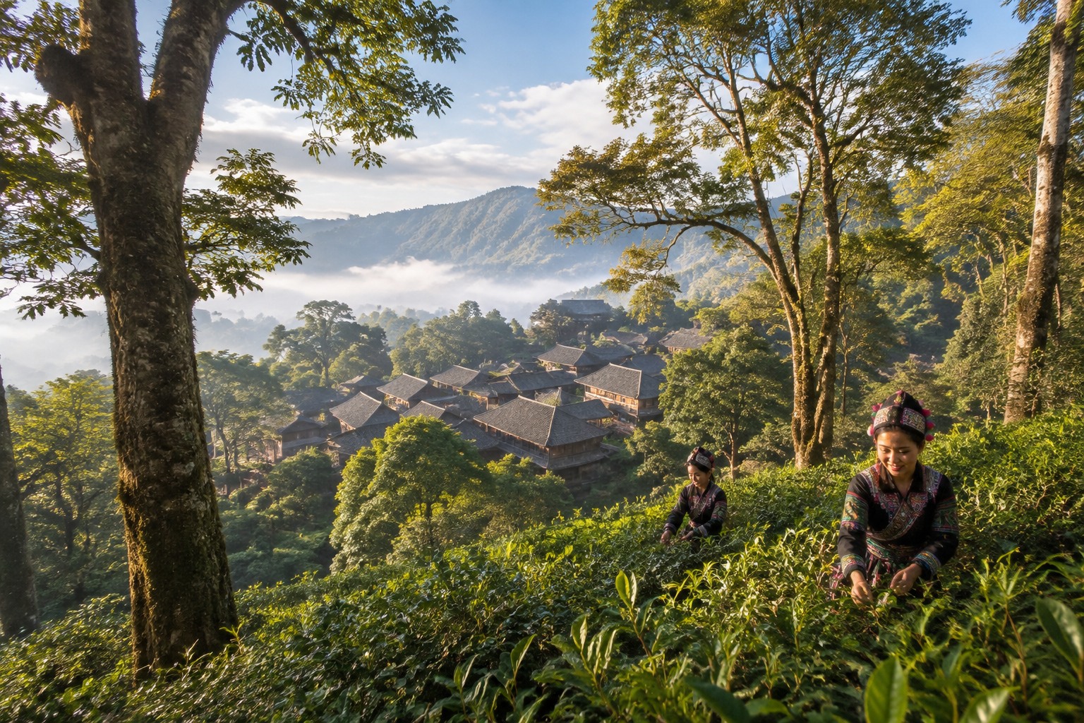 The layered canopy of Jingmai Mountain's ancient tea forest with a Bulang village and misty valley in the background
