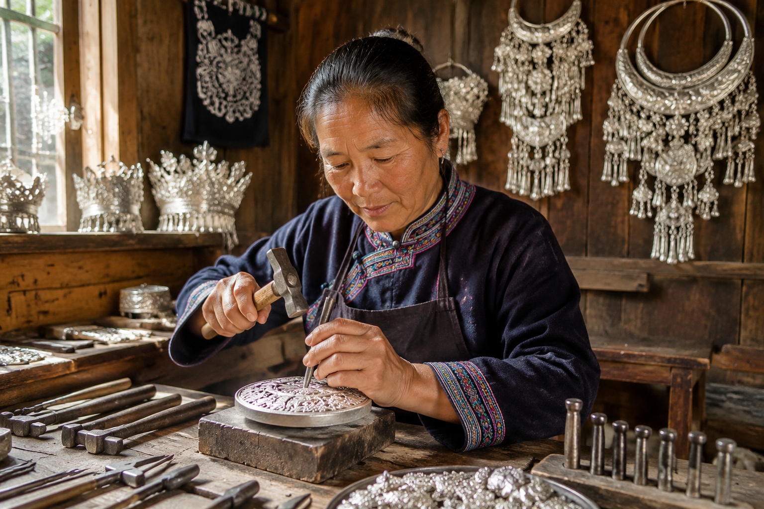 Miao silversmith hammering a silver ornament in his workshop with traditional tools