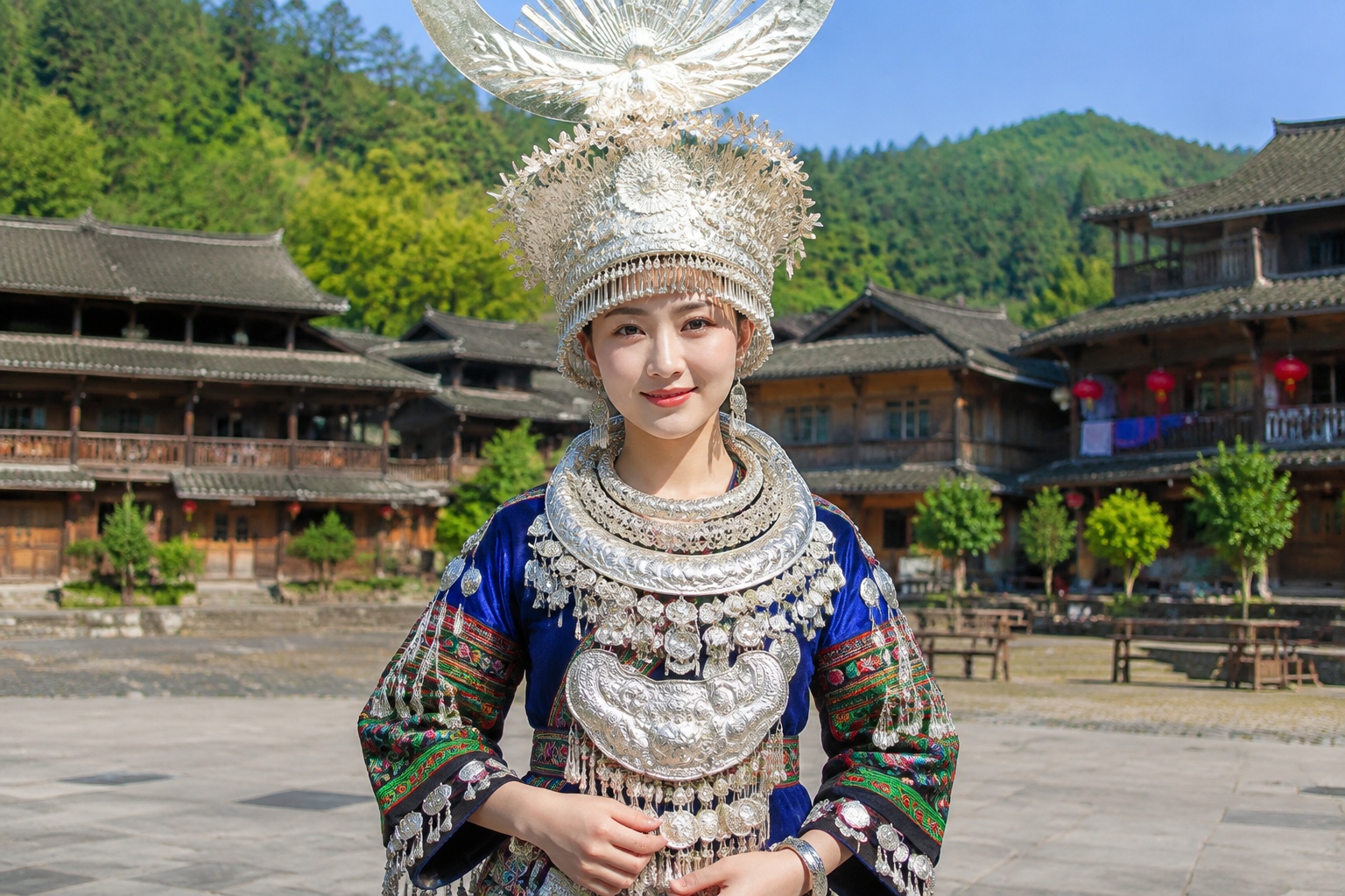 Miao woman wearing full traditional silver ornament set with headdress and layered necklaces