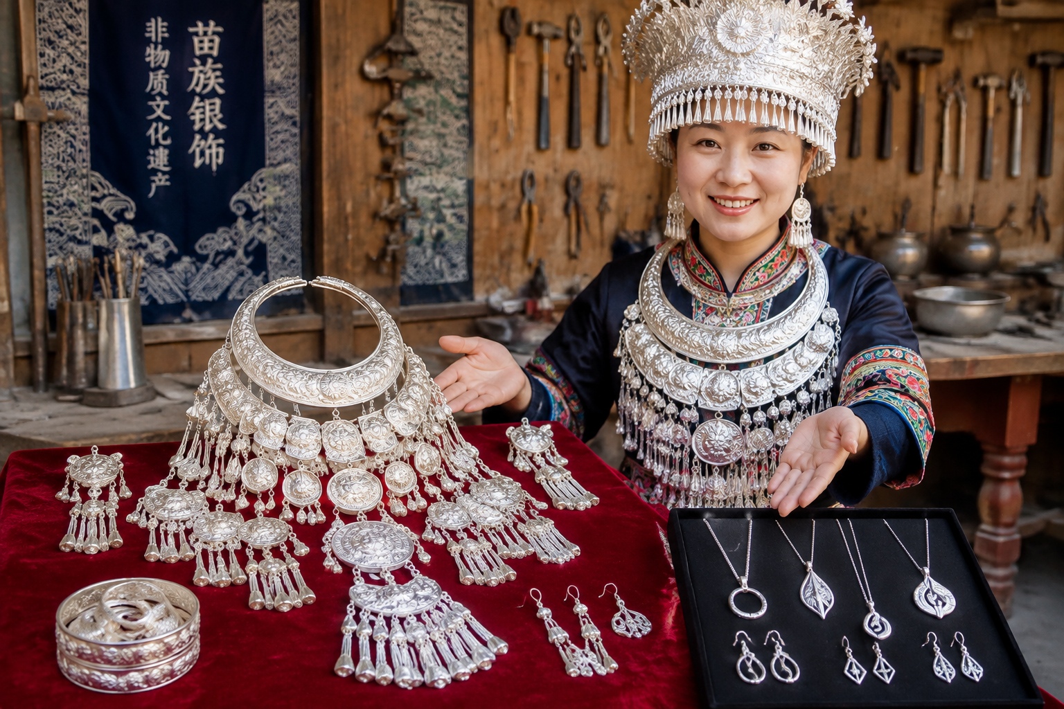 Miao silversmith displaying traditional full silver set next to modern silver jewelry pieces