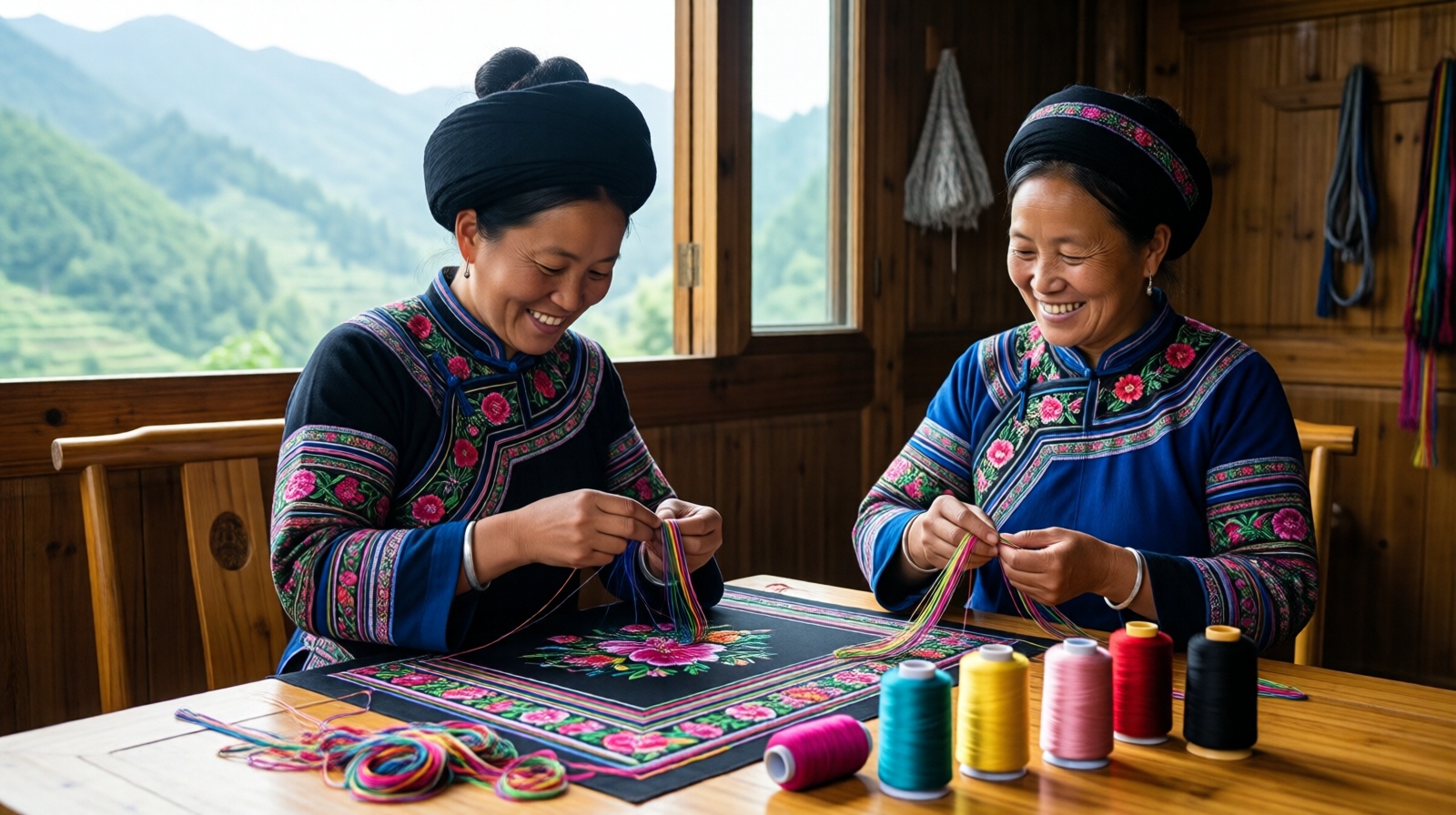 Miao women embroidering together in a rural Guizhou workshop, surrounded by colorful threads and natural mountain views
