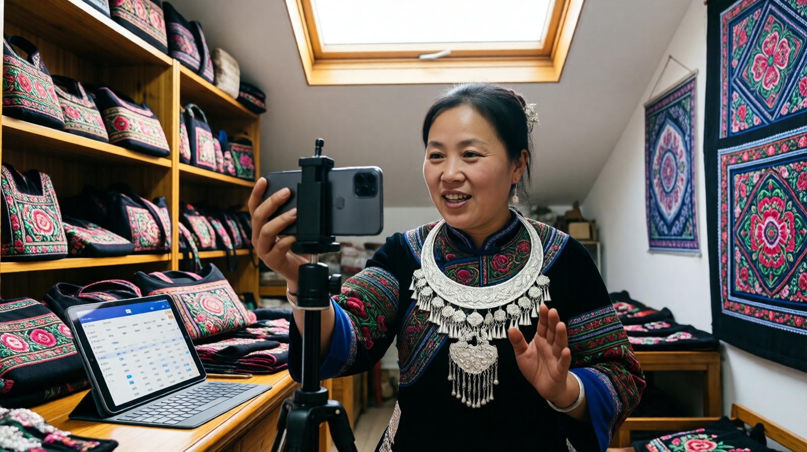 Miao woman entrepreneur live-streaming her embroidery products from a small studio filled with handicrafts