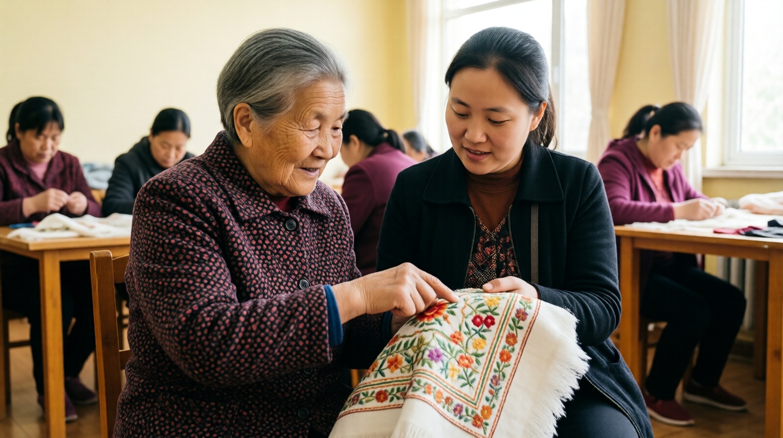 Elderly and young Miao women sharing embroidery skills in a communal workshop, intergenerational craft transmission
