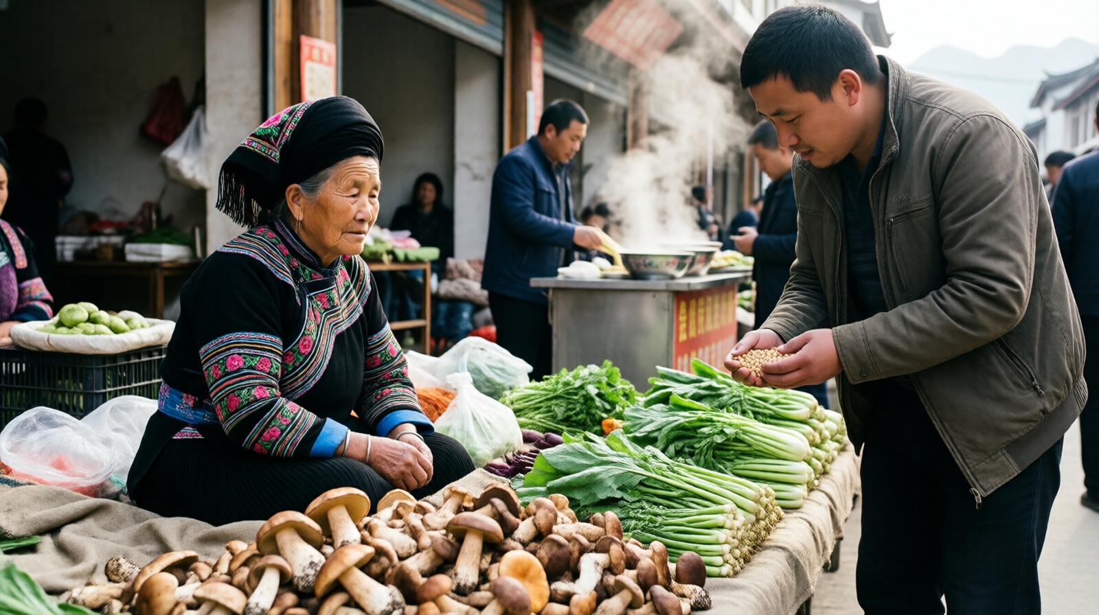 Yi woman selling wild mushrooms at a Panzhihua morning market