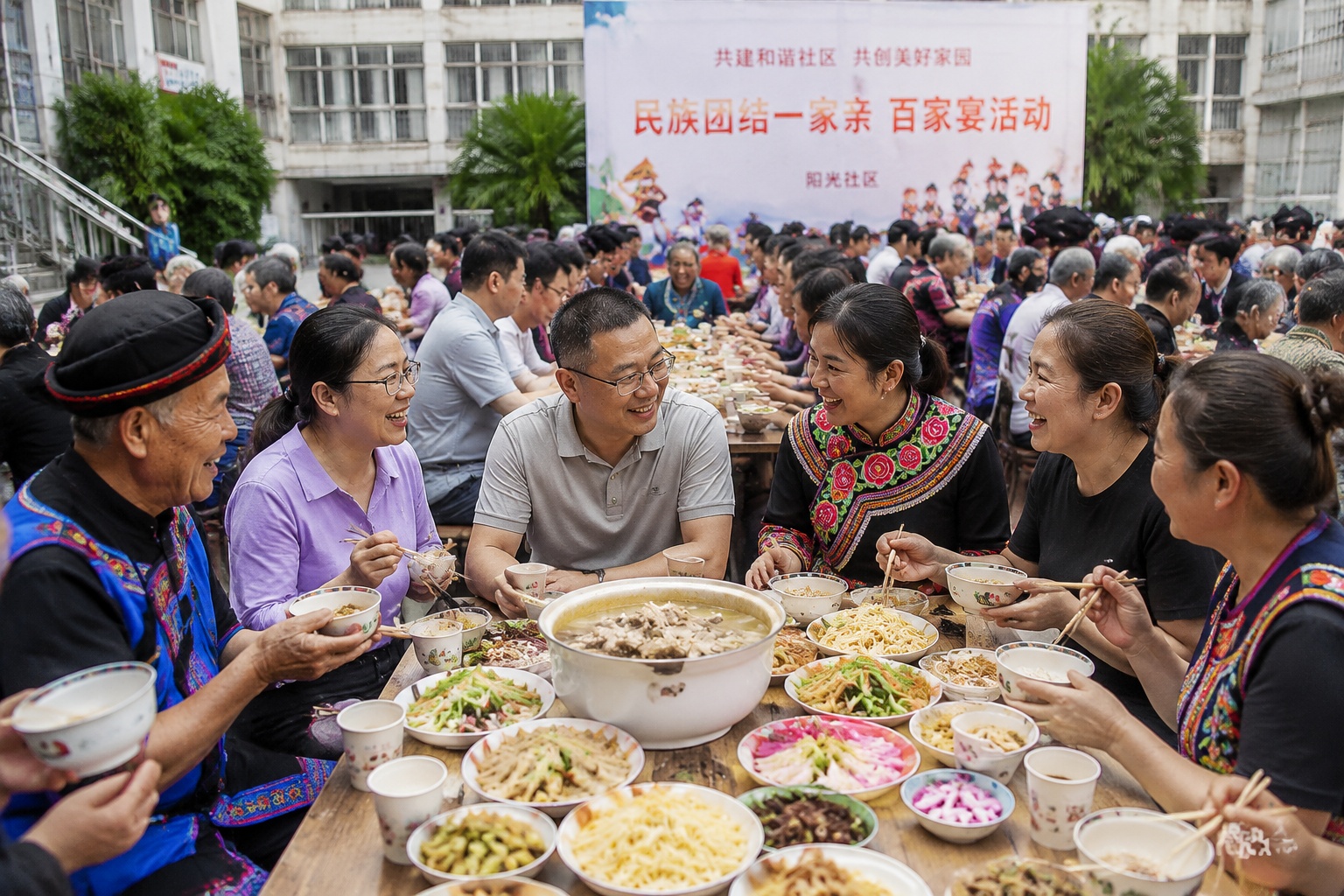 Multi-ethnic community dinner in Panzhihua with residents sharing food