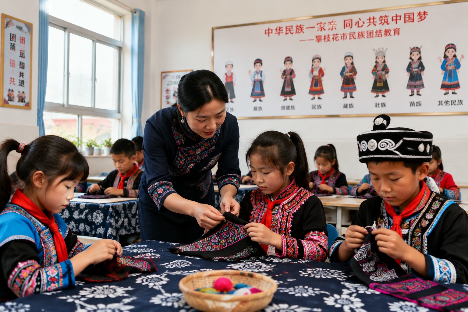 Primary school students in Panzhihua learning Yi embroidery during a culture class