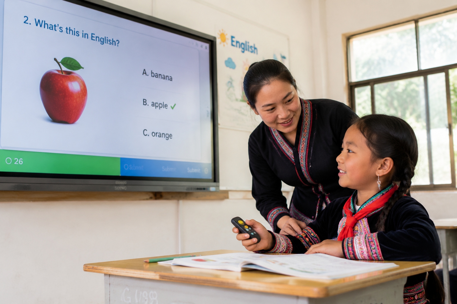 Lisu student using a response clicker in a smart classroom English lesson in Yunnan