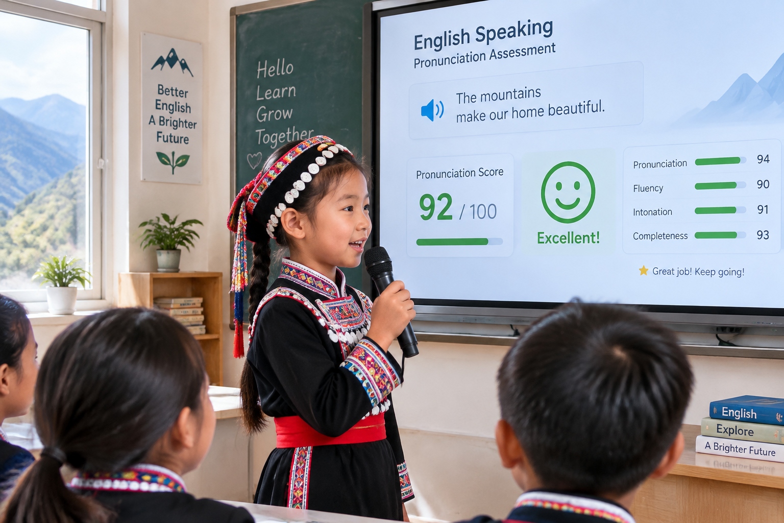 Lisu girl practicing English pronunciation with AI scoring on a smart classroom screen