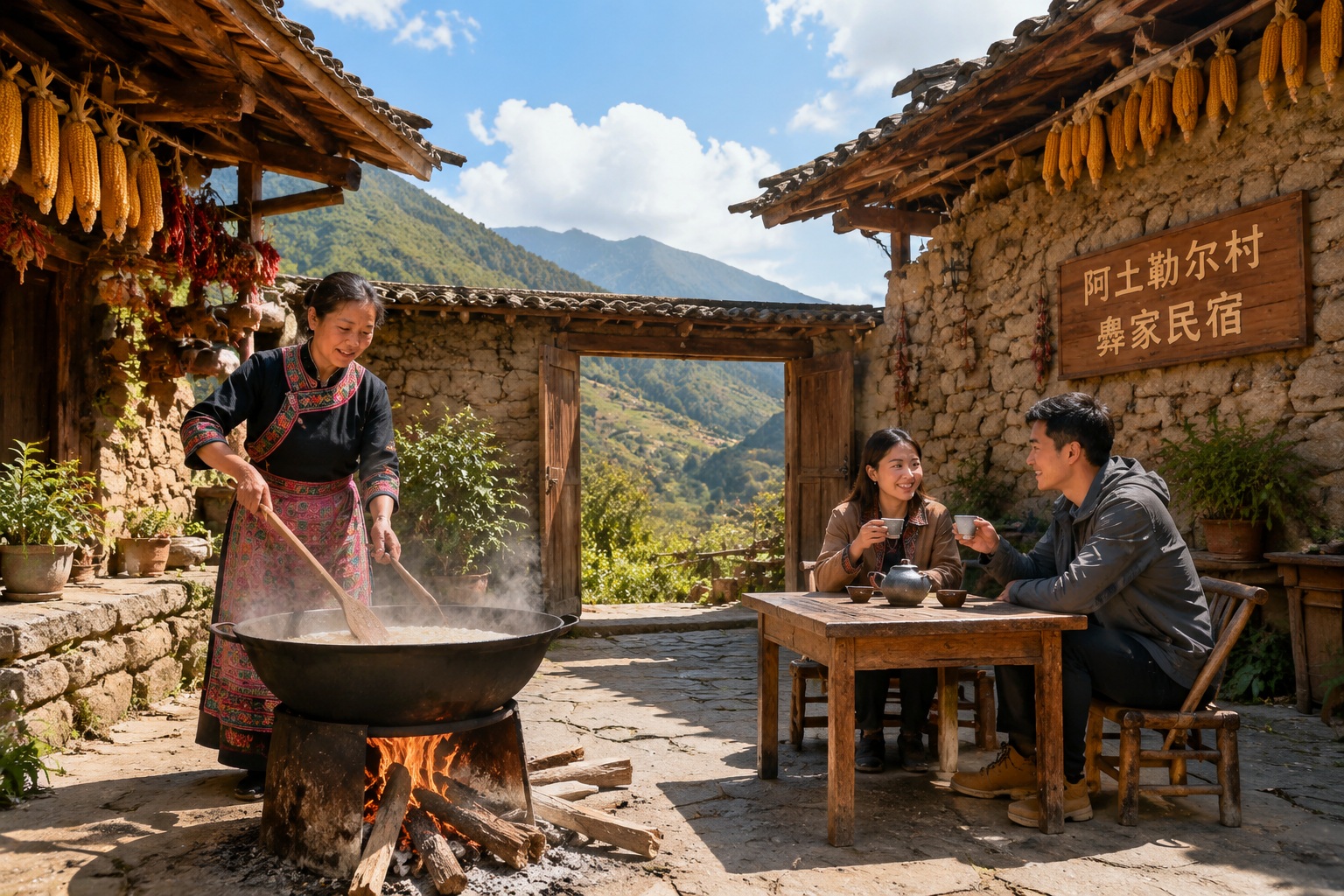 Yi woman preparing food in a homestay courtyard with tourists in Cliff Village