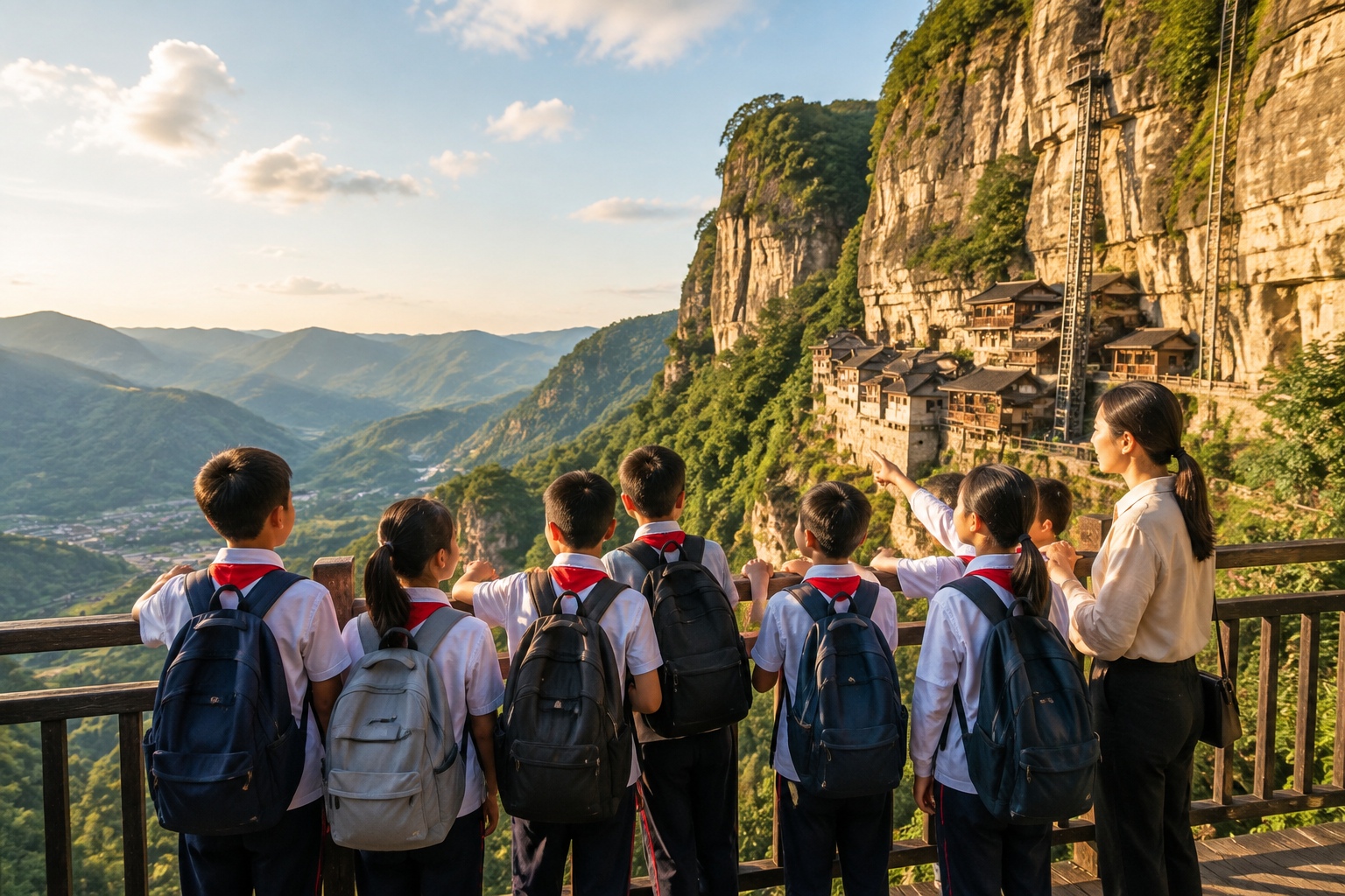 Schoolchildren on the viewing platform of Cliff Village overlooking the valley