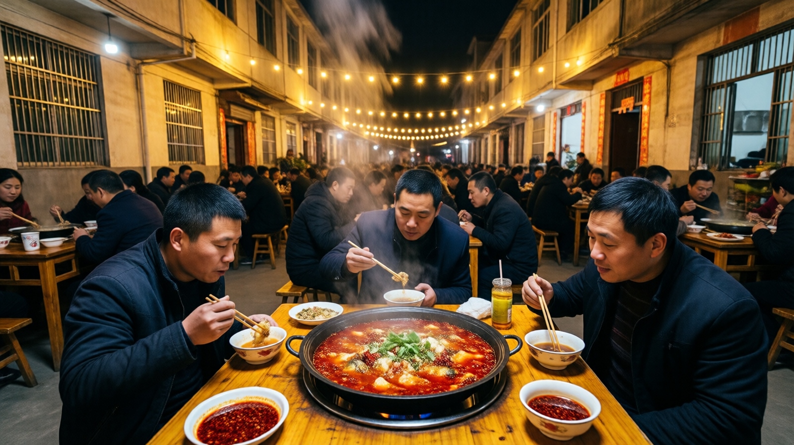 People enjoying Miao sour fish soup at an outdoor night stall in a small Chinese town, steam rising from the red bubbling pot