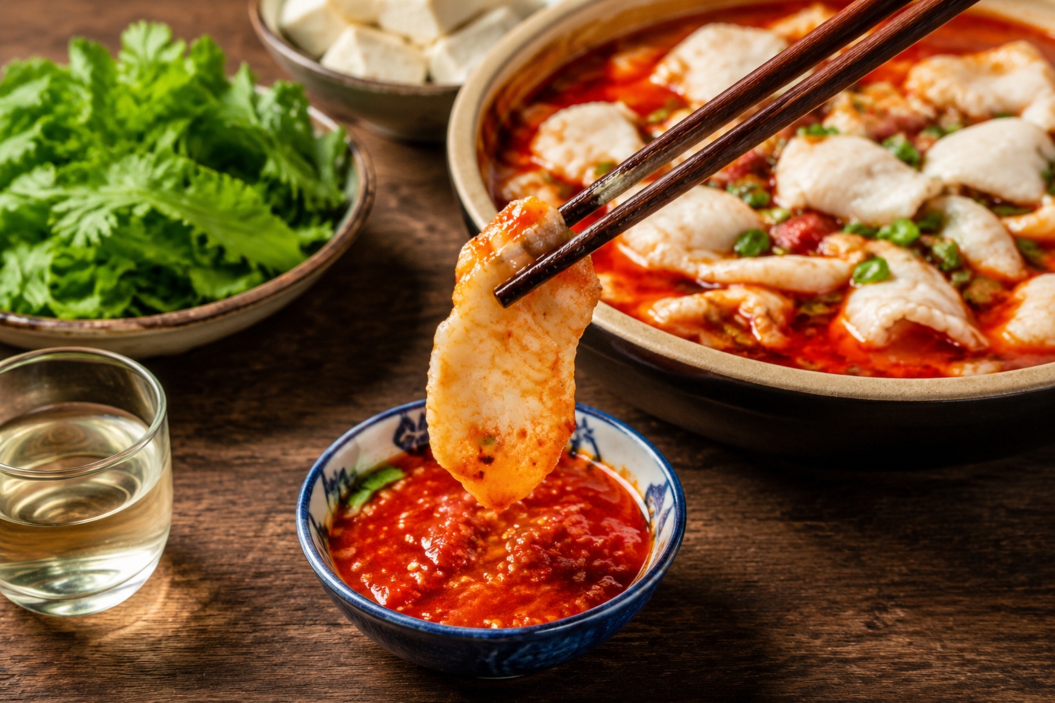 Chopsticks lifting a fish fillet from red sour soup and dipping it into a spicy chili-tomato sauce