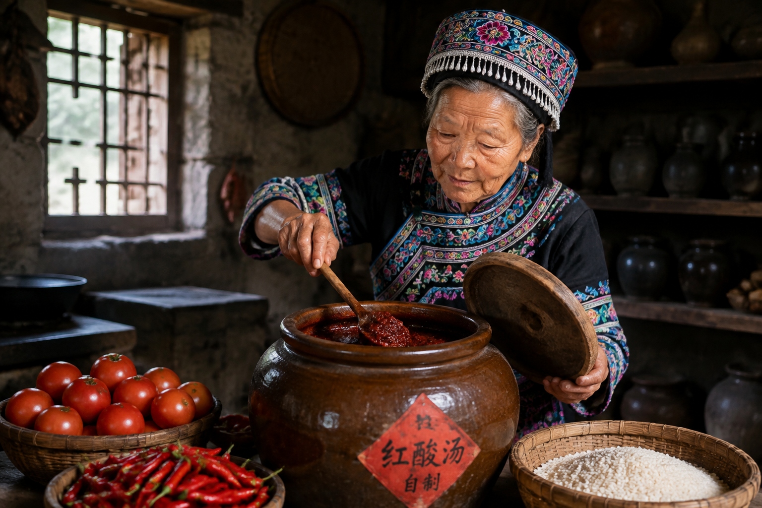 An elderly Miao woman stirring a clay jar of fermented red sour soup base in a traditional kitchen
