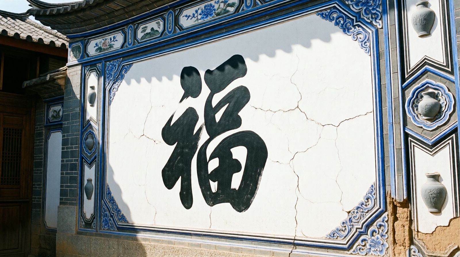 Close-up of a Bai screen wall in Dali with a large '福' character and traditional painted ornaments, sunlight casting soft shadows on the white plaster.