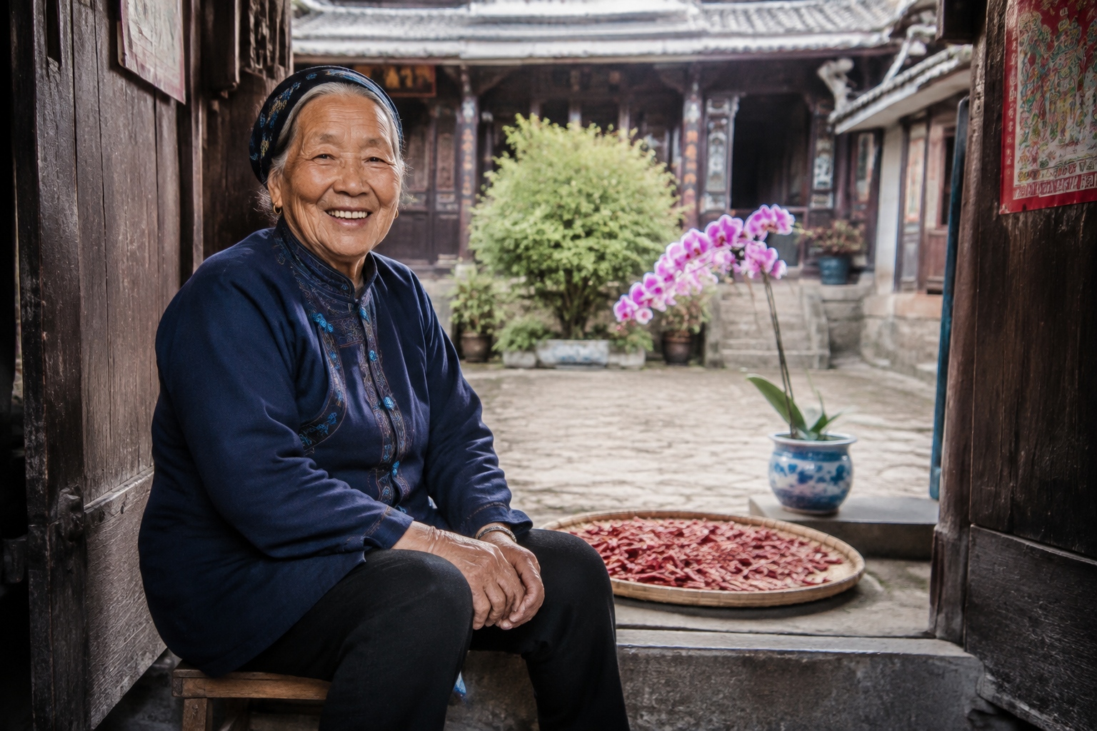A Bai grandmother sitting in a courtyard doorway with a warm smile, with red chillies drying on a bamboo tray nearby.