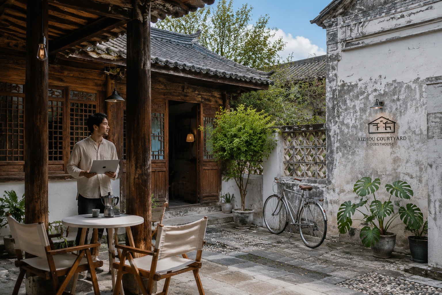 A renovated Bai courtyard in Xizhou blends old wooden architecture with modern café furniture, with a young owner using a laptop.