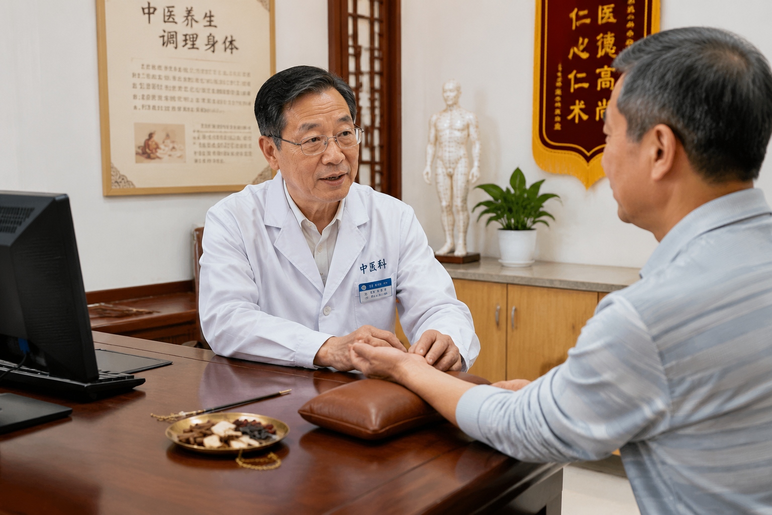 TCM doctor explaining pulse reading to a patient in a combined traditional and modern hospital setting