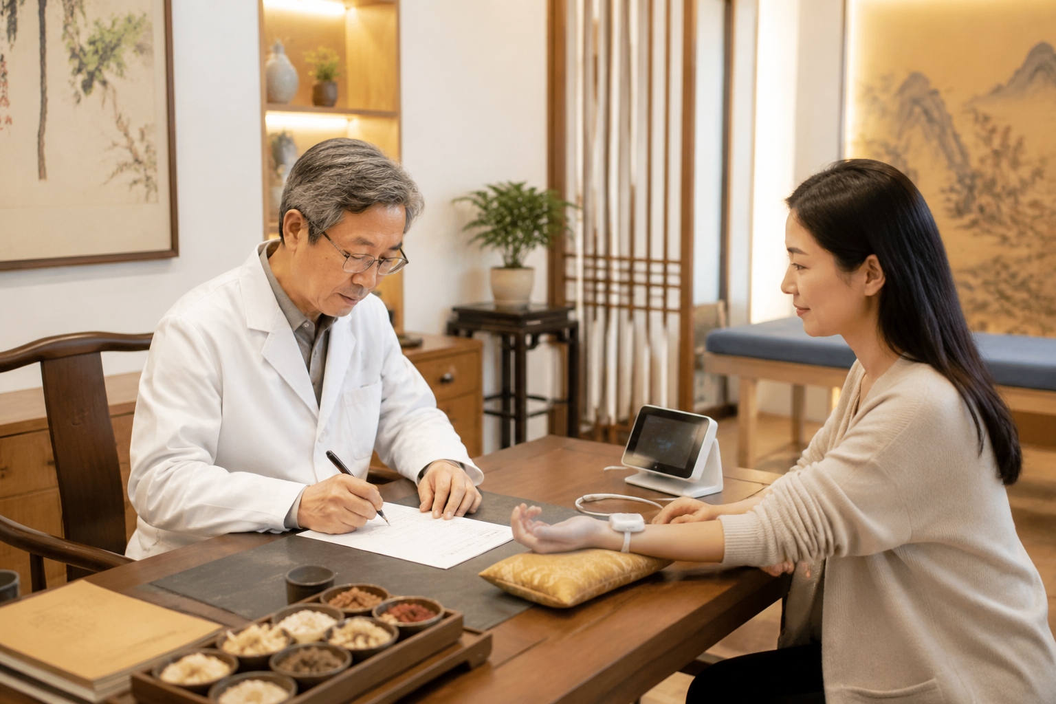 Chinese doctor writing an herbal prescription after pulse reading, with a modern pulse sensor on the desk
