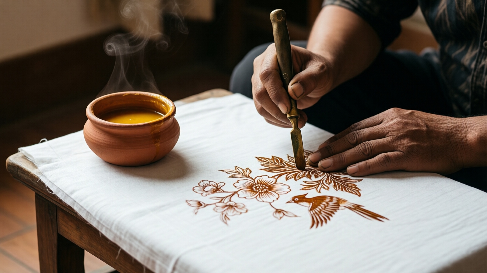 Artisan applying hot wax with a copper tool on white cloth in a Guizhou batik workshop