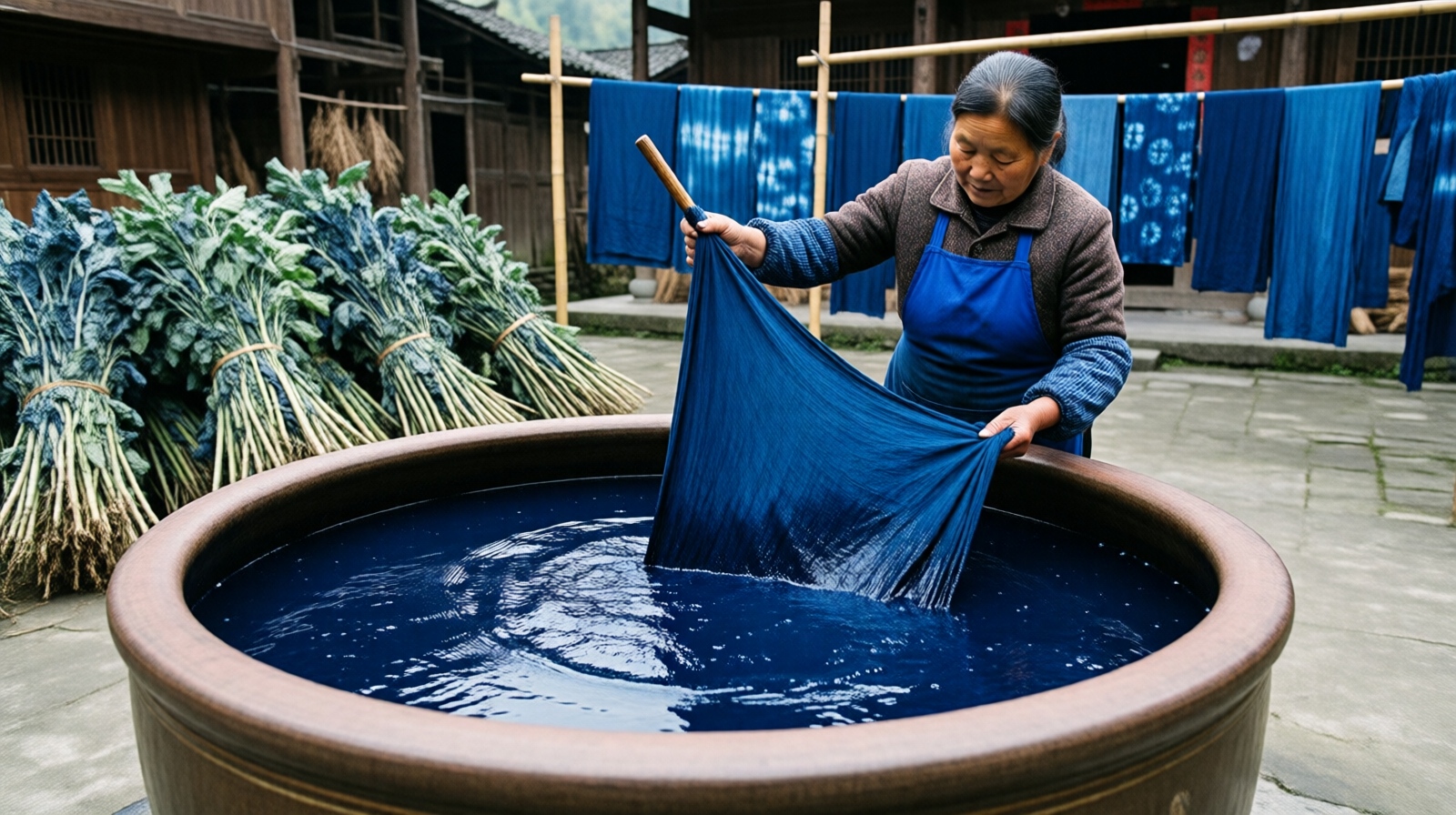 Indigo plant dye vat in Guizhou, with a batik cloth being lifted for oxidation