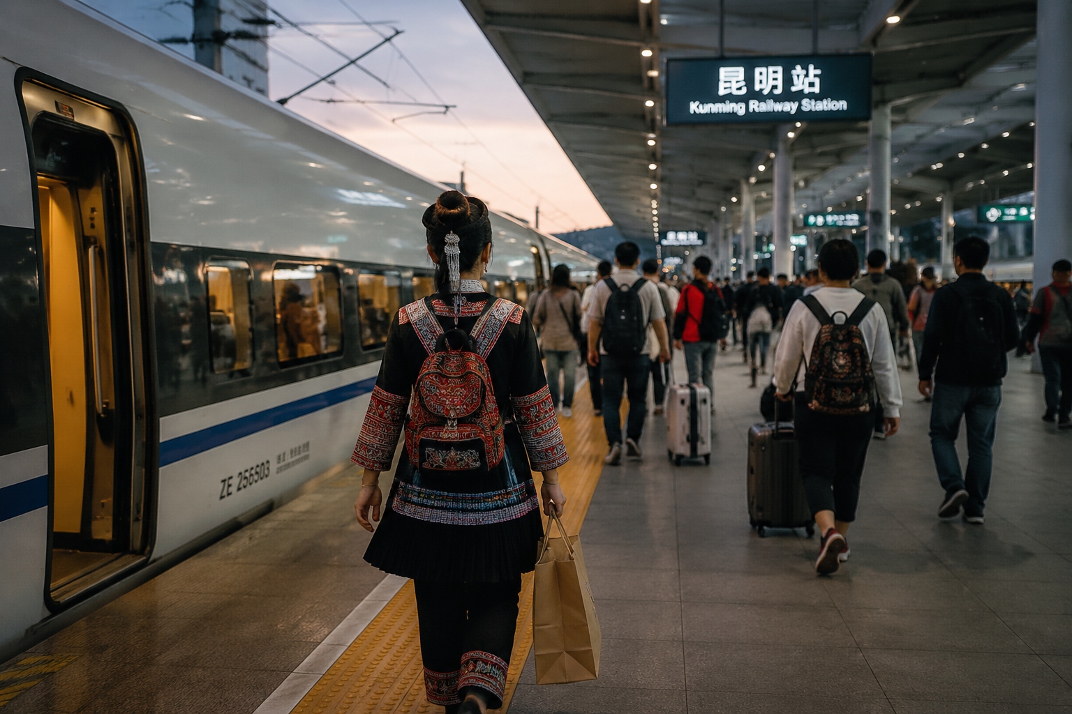 Young Yi woman with backpack walking to a high-speed train at Kunming station on the eve of Torch Festival