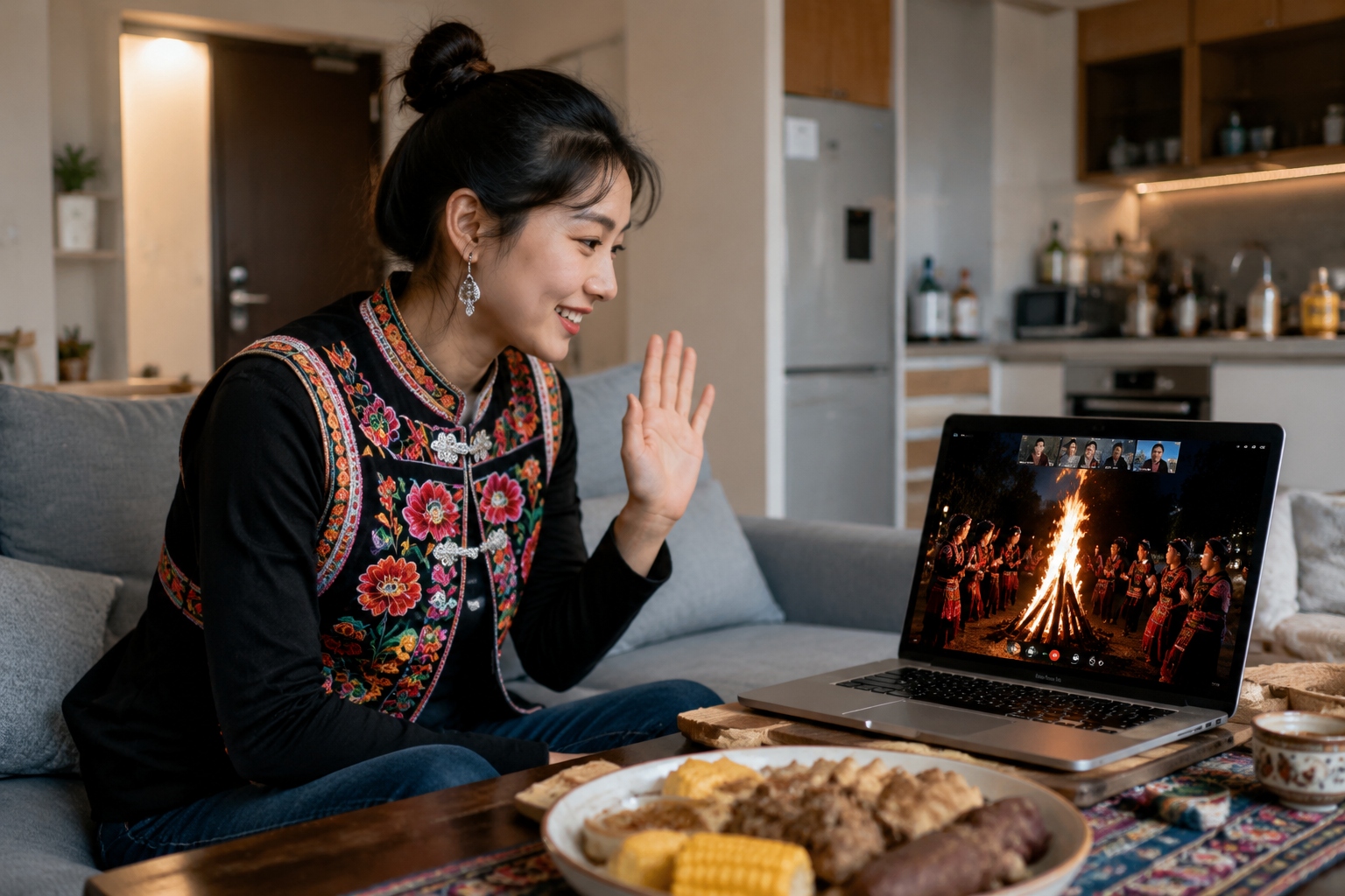 Young Yi nurse in Kunming apartment watching a video call of Torch Festival bonfire on her laptop