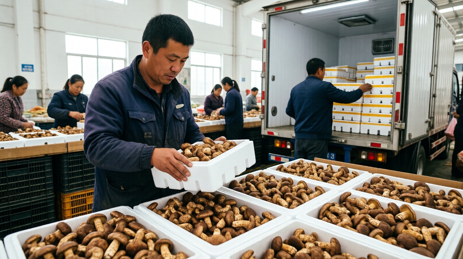 Workers sorting matsutake mushrooms into boxes for cold-chain delivery in Kunming wholesale market