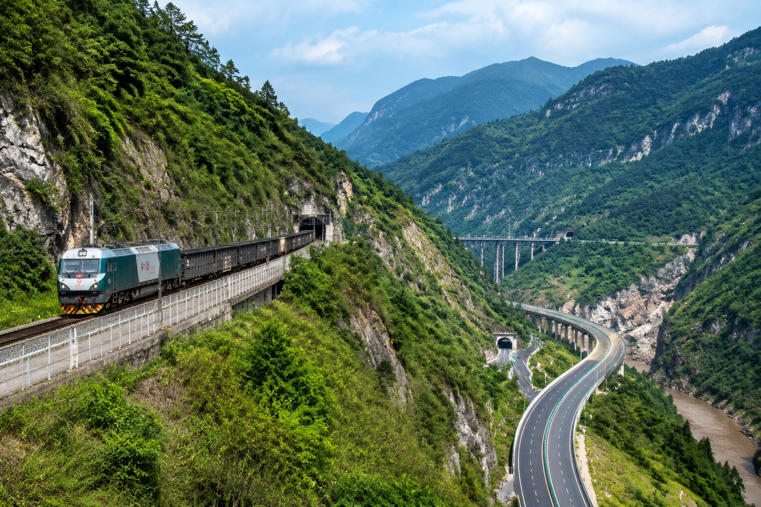 Cargo train and expressway in the mountains of Yunnan showing modern transport links