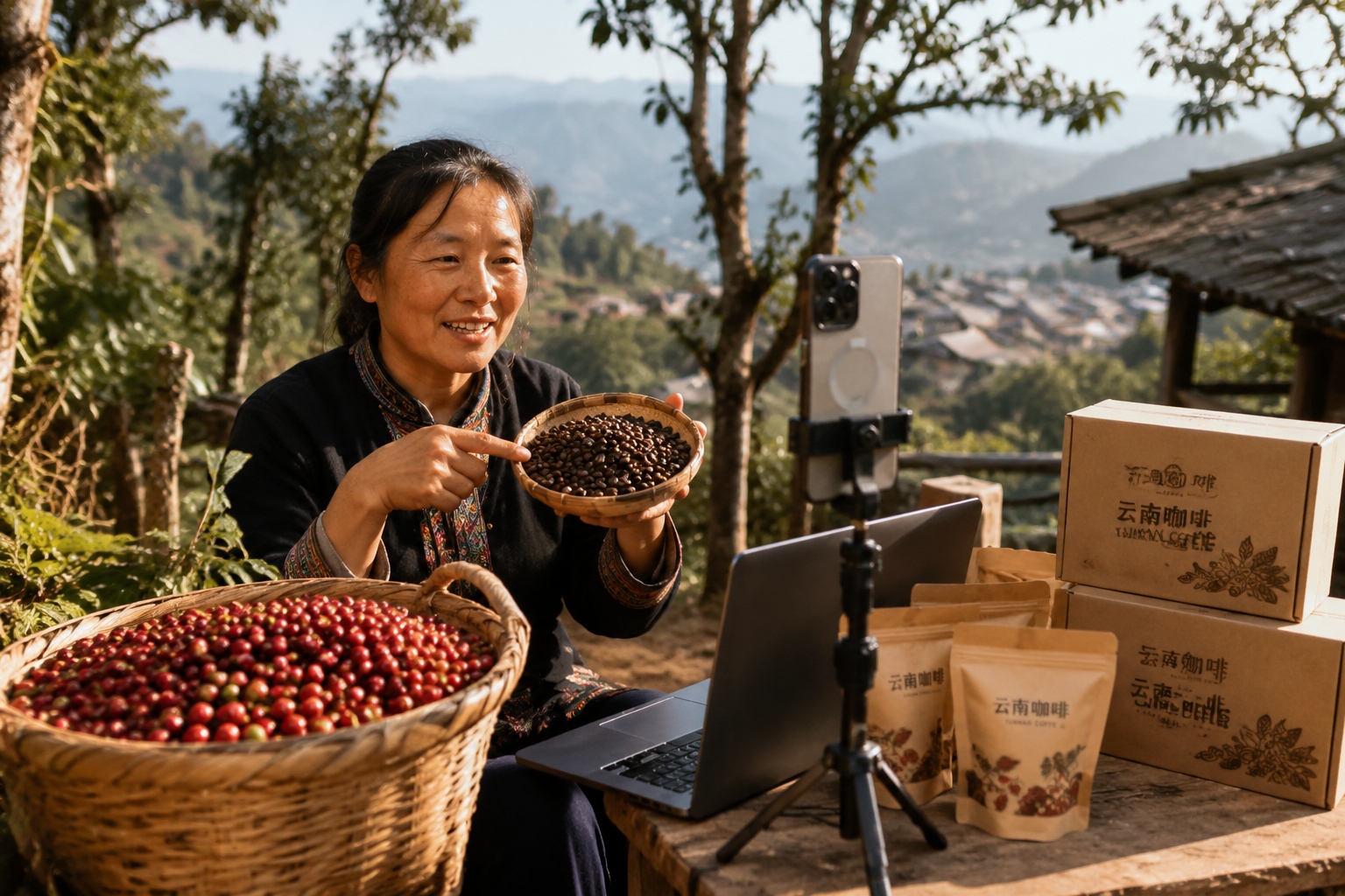 Yunnan farmer livestreaming local coffee beans for online customers