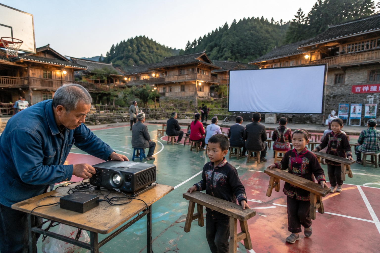 Open-air movie night in a Miao village in Guizhou, with residents gathering around a digital projector and a white screen.
