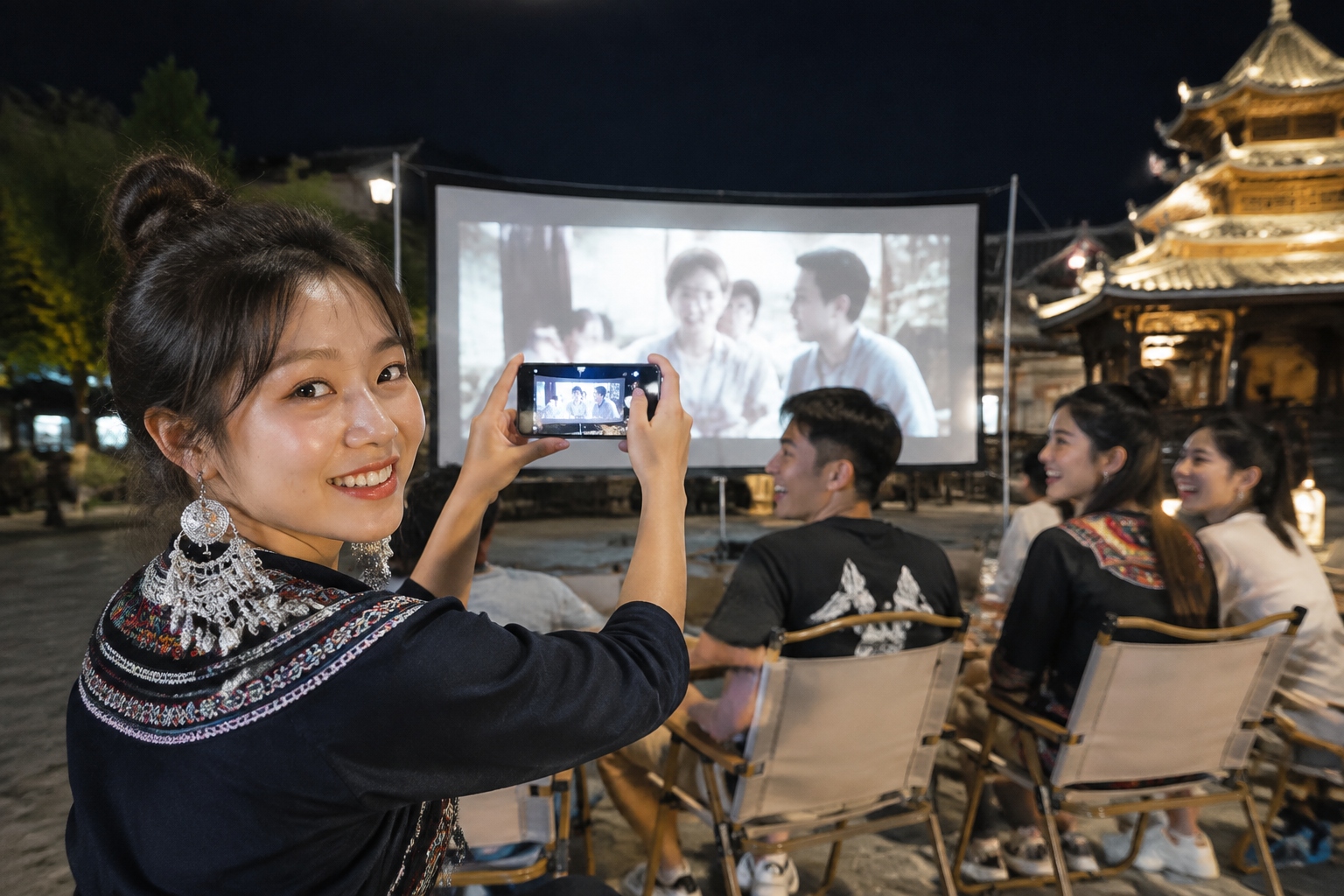 Young Miao villagers filming an open-air movie with their smartphones at night, blending tradition with digital media.