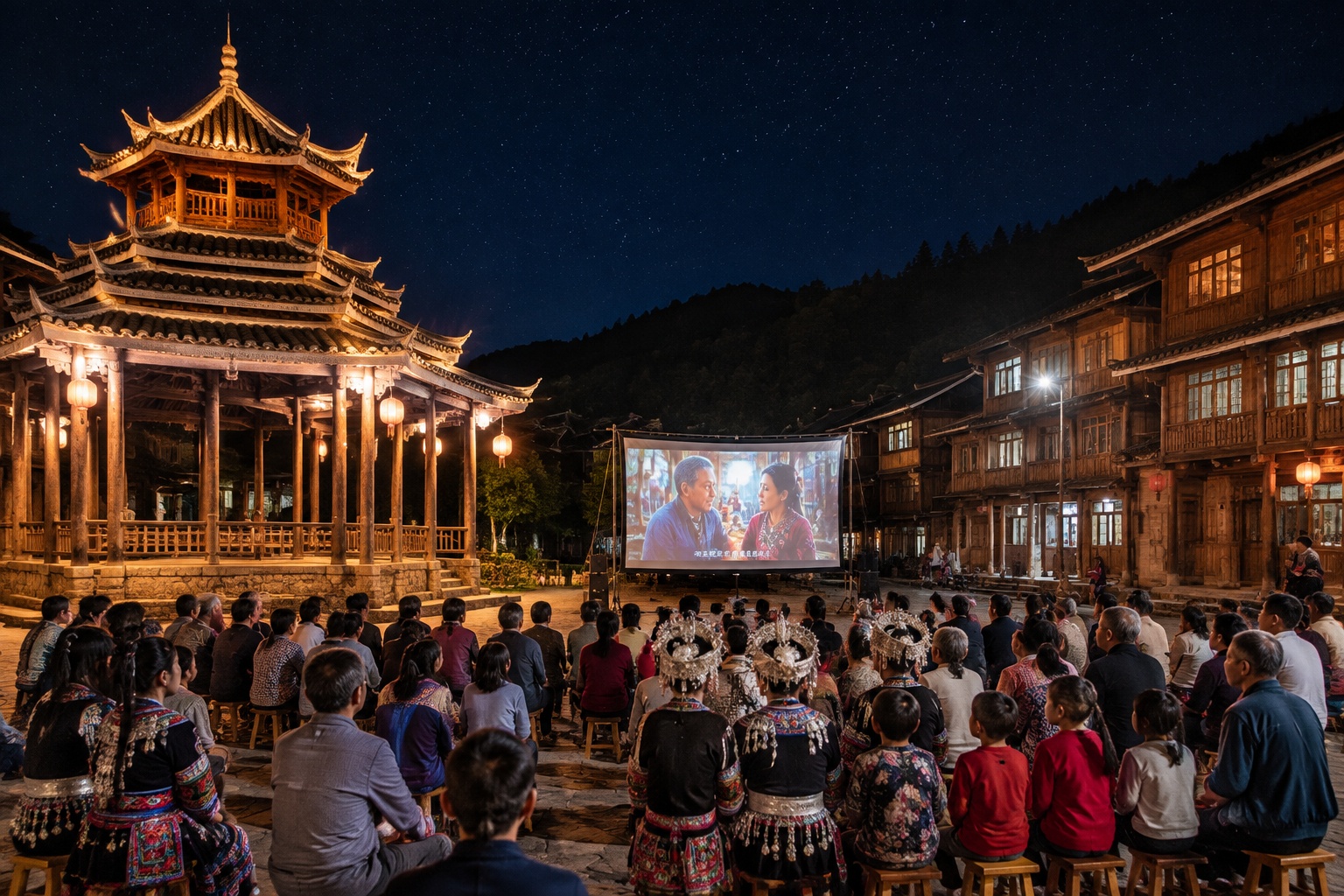 Miao village drum tower and public square transformed into an outdoor cinema at night, with villagers of all ages watching a film.