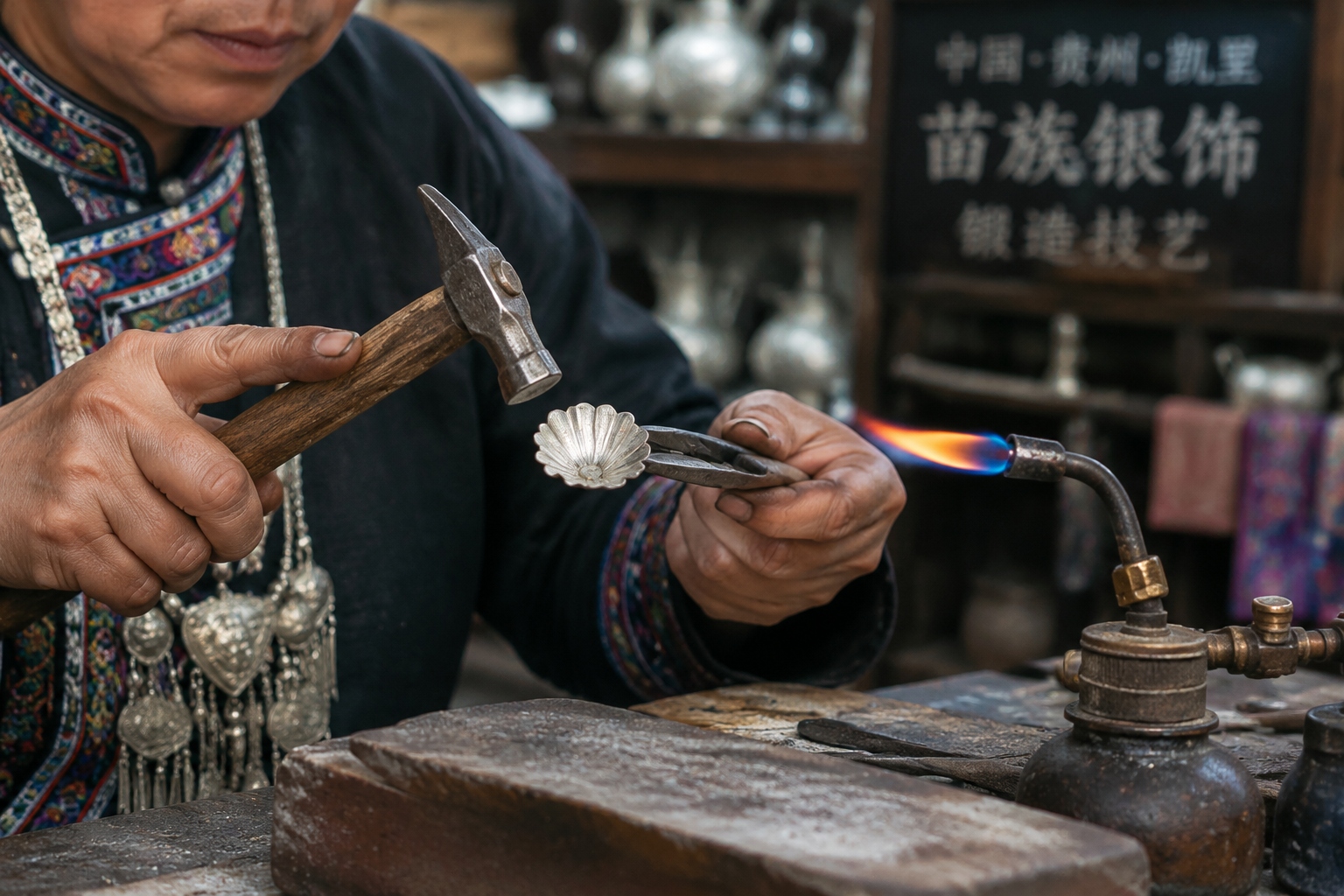 Close-up of a Miao silversmith shaping a silver petal with a hammer and pliers in his Kaili workshop