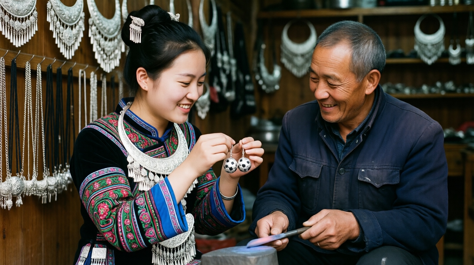 Young apprentice Li Xiang shows his football-shaped silver earrings to master silversmith Pan Zhiyou in their Kaili workshop