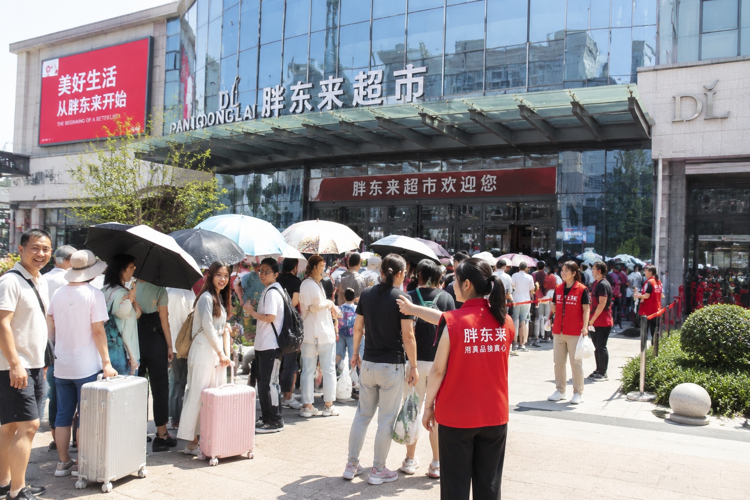 A queue of tourists with suitcases waits outside the Pangdonglai supermarket in Xuchang, demonstrating the supermark's popularity as a travel destination.