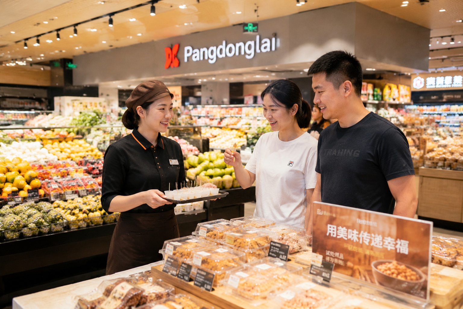 Inside Pangdonglai supermarket in Xuchang, an employee hands a free sample to a shopper, while the shelves are fully stocked with fresh food and bakery products.
