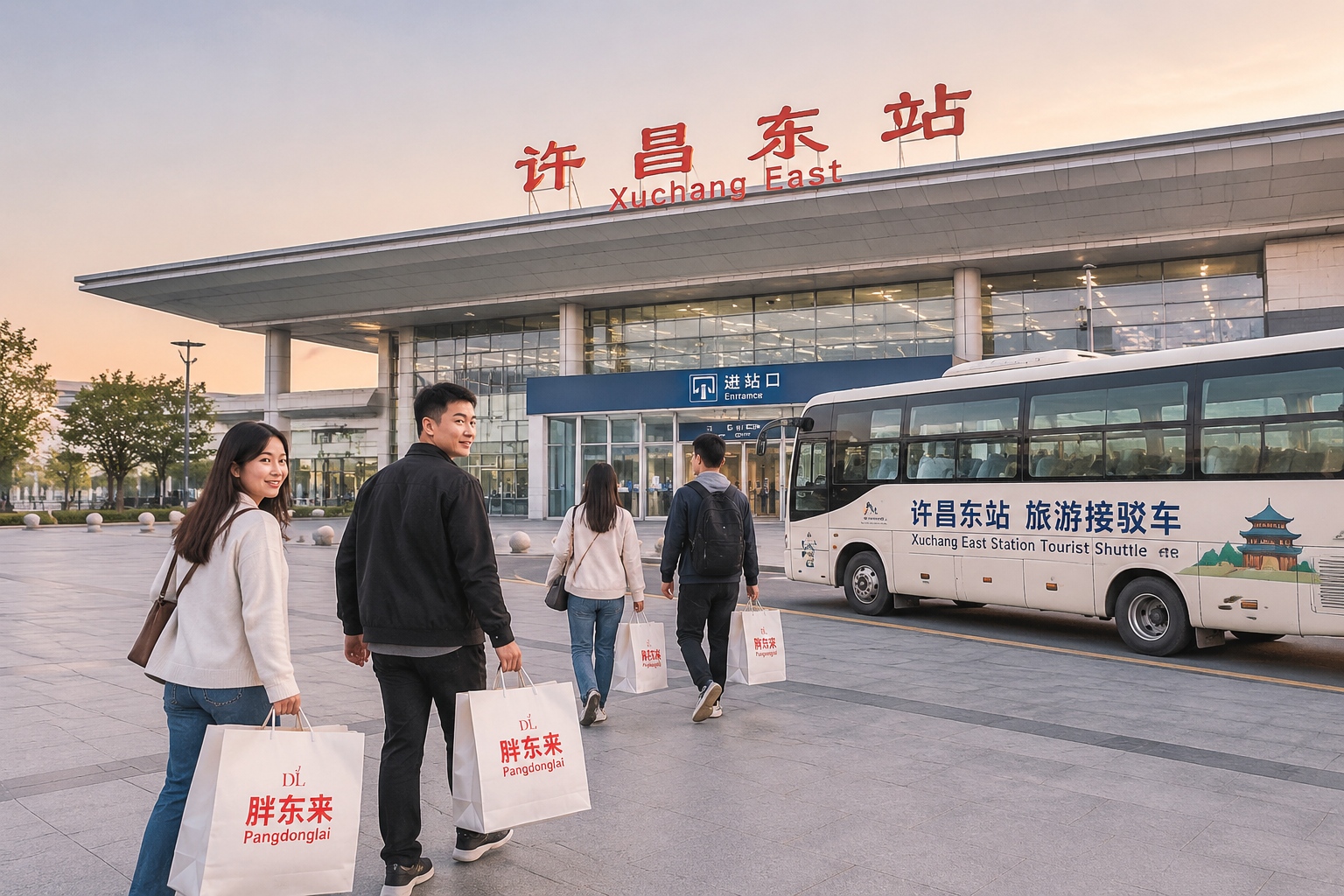 Tourists carrying Pangdonglai shopping bags board a shuttle outside Xuchang East railway station, illustrating how a supermarket linked to high-speed rail has boosted local tourism.