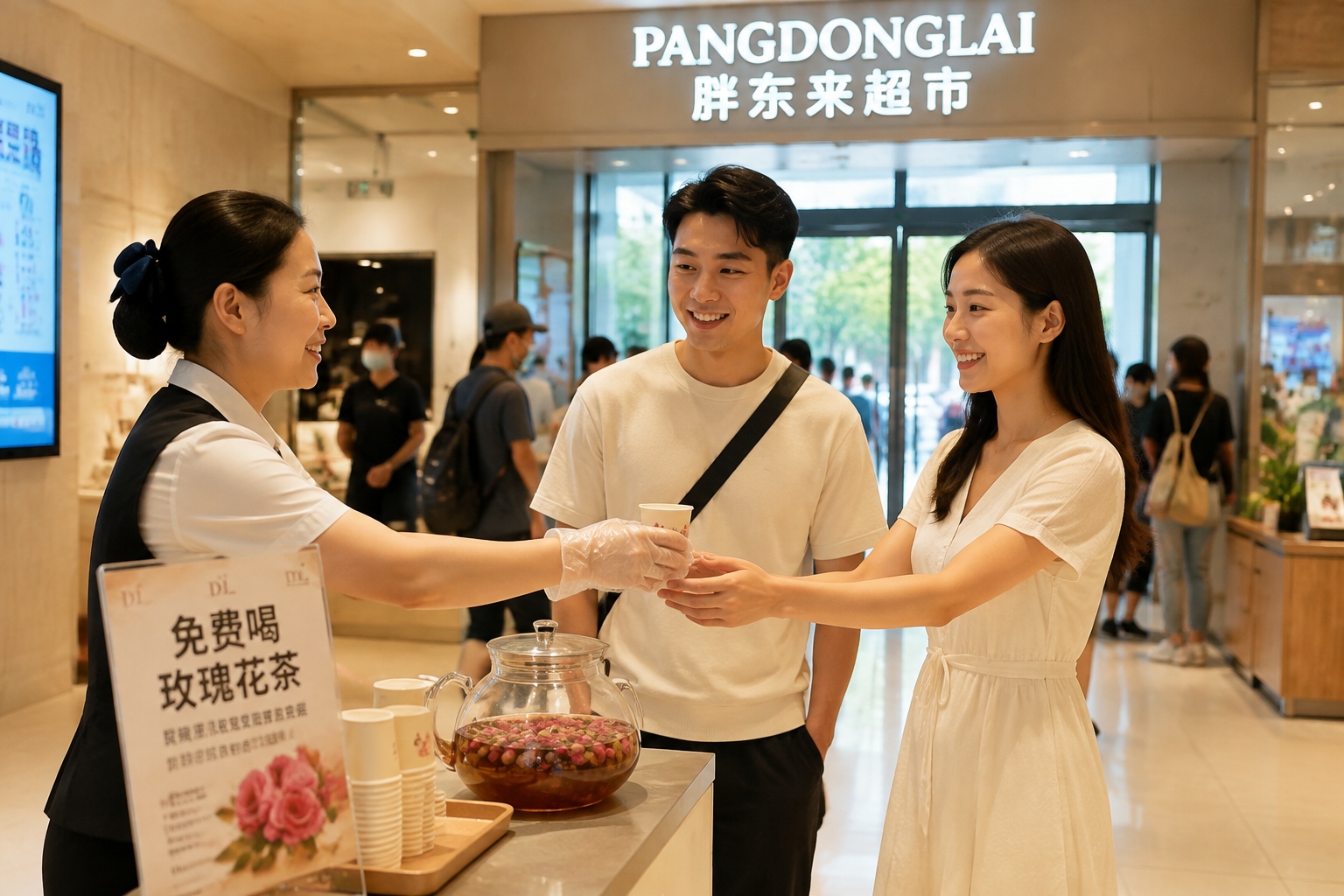 Pangdonglai supermarket staff offering complimentary rose tea to customers near the entrance in Xuchang