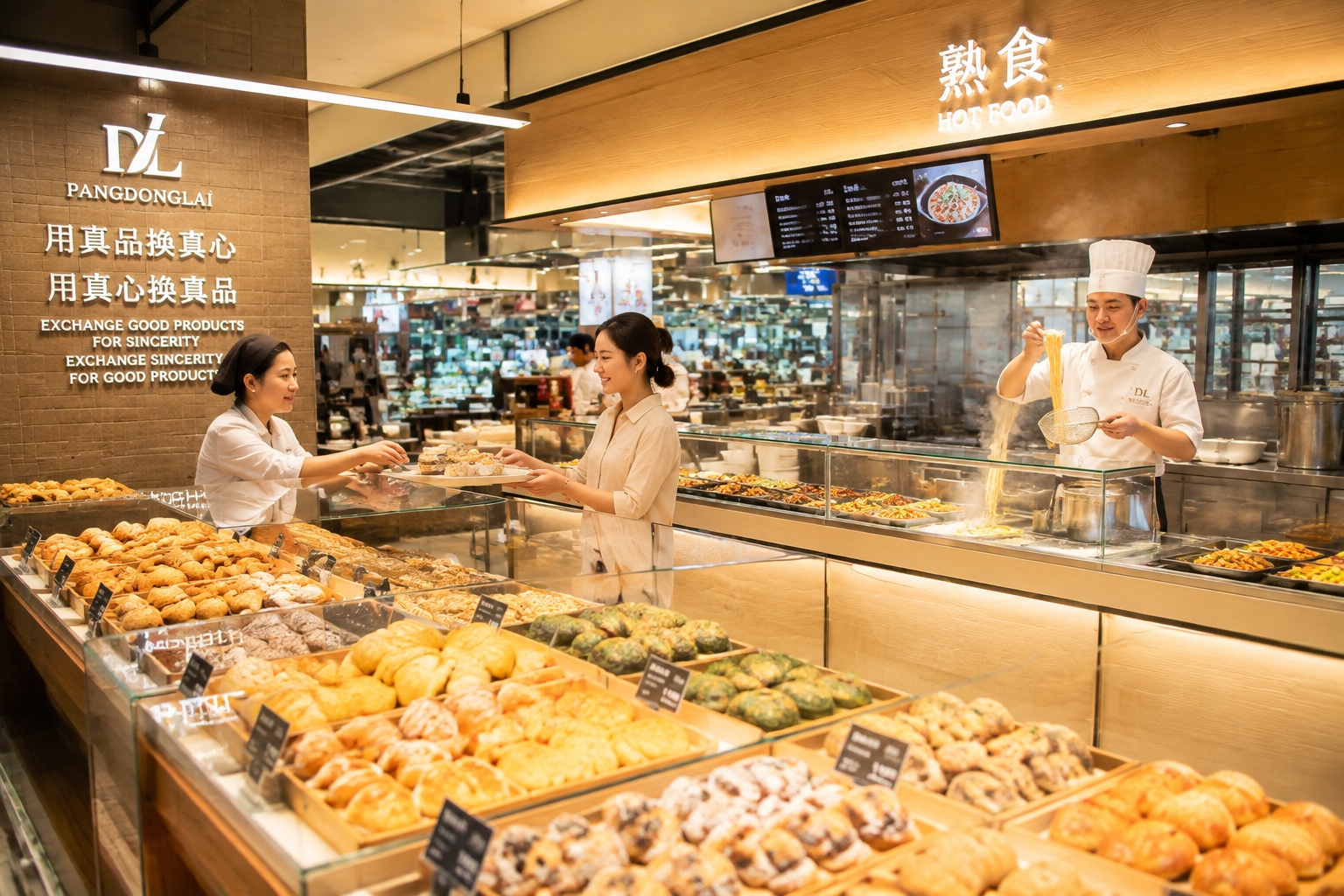 Freshly baked pastries and Henan-style hot food displayed at Pangdonglai supermarket in Xuchang