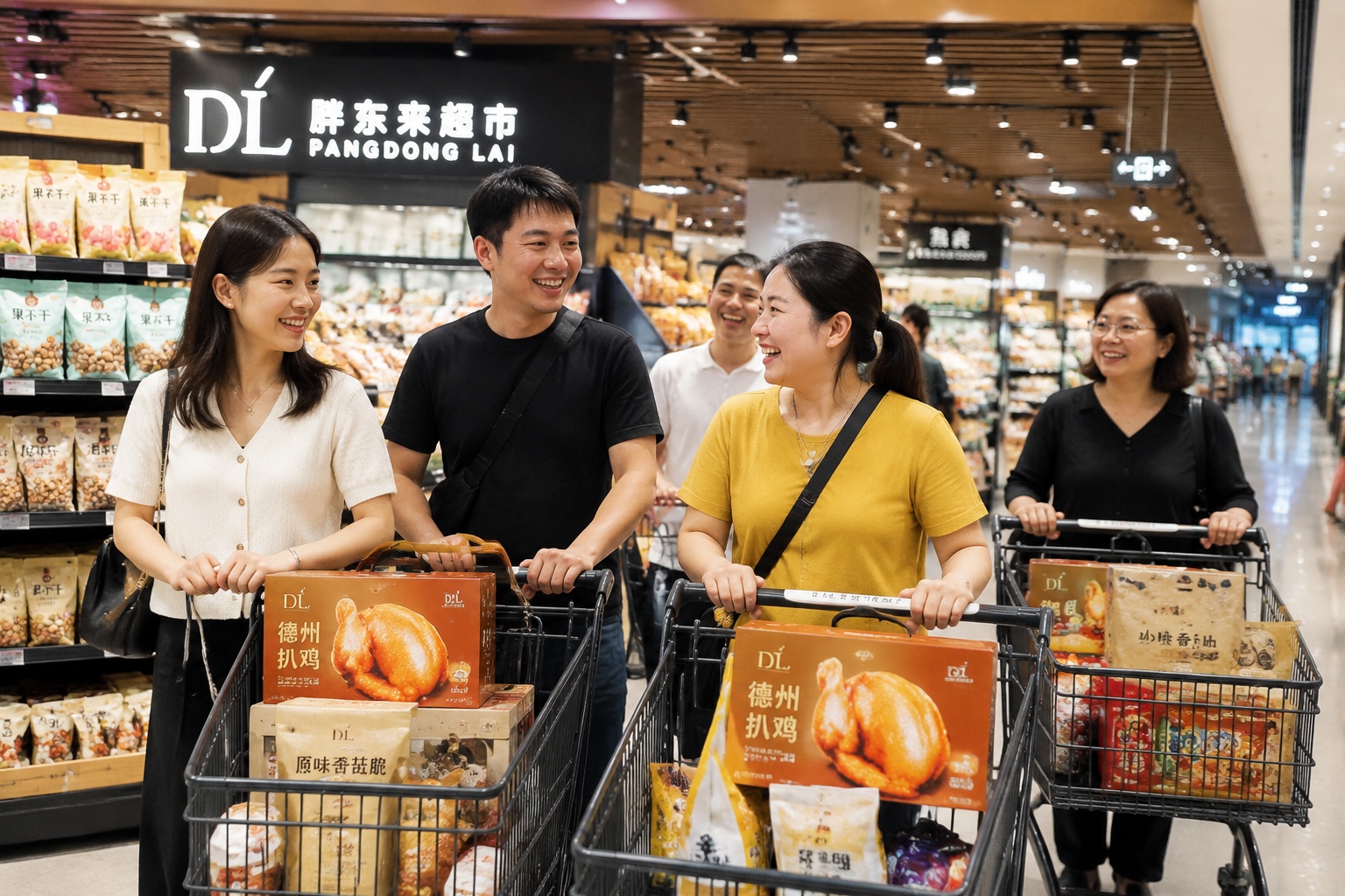 Tourists shopping at Pangdonglai supermarket with carts full of local specialties in Xuchang