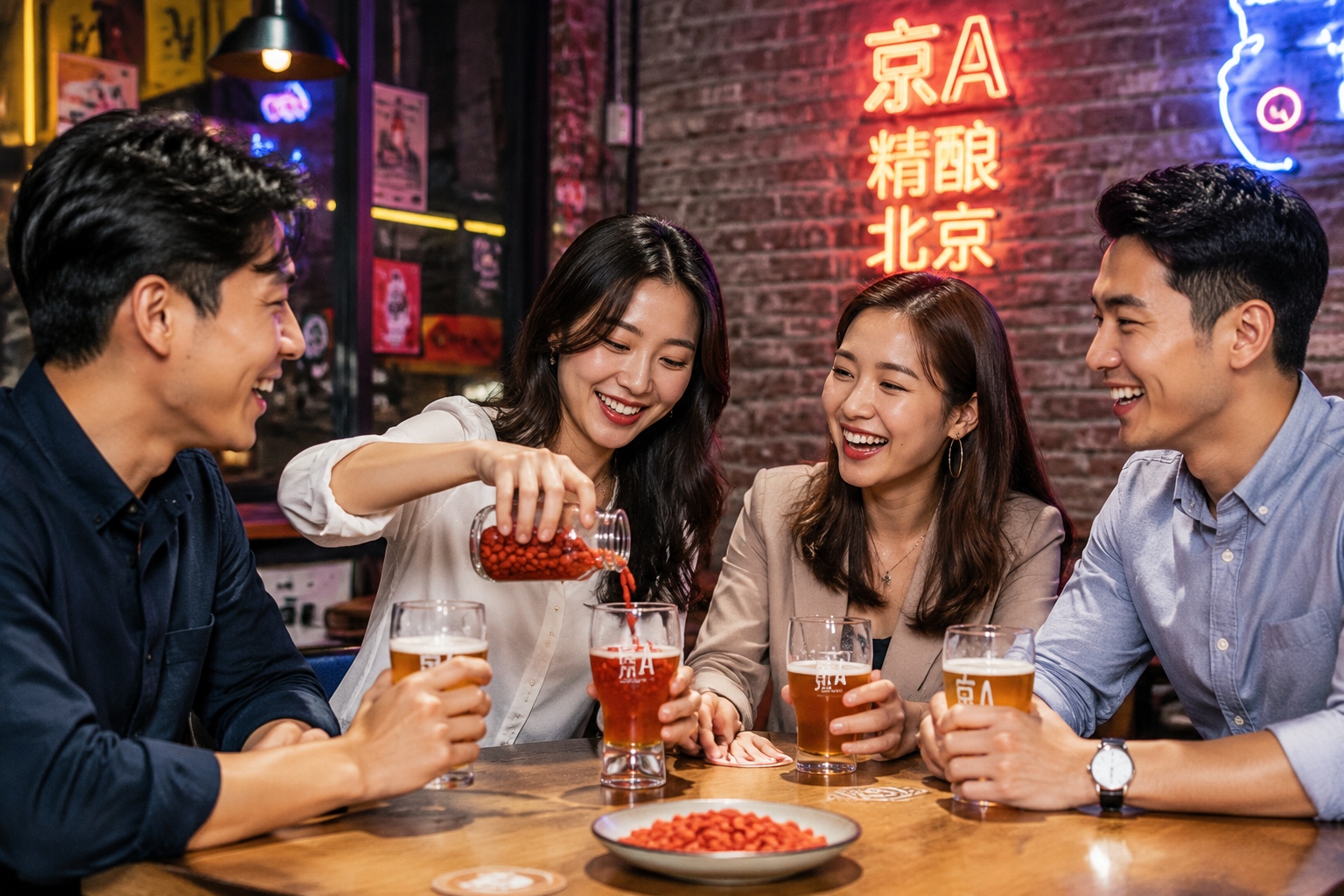 Young Chinese friends in a bar, one adds goji berries into a beer glass, representing the punk health trend of mixing indulgence with traditional health remedies.