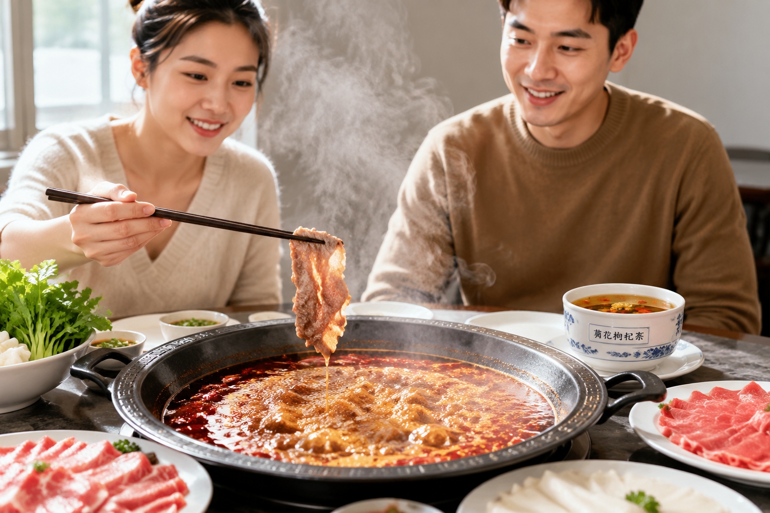Spicy hot pot with a cup of herbal tea nearby, illustrating the punk health habit of eating junk food with traditional Chinese medicine remedies.
