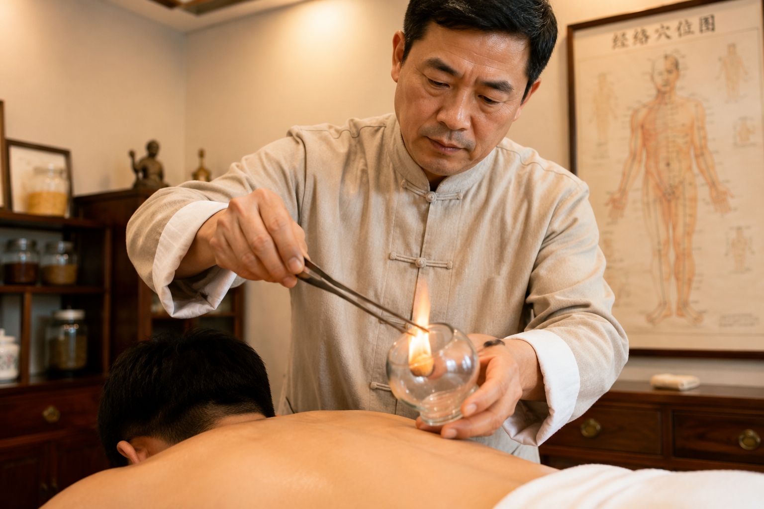 TCM therapist lighting a glass cup for cupping therapy in a Beijing clinic, with a meridian chart on the wall.