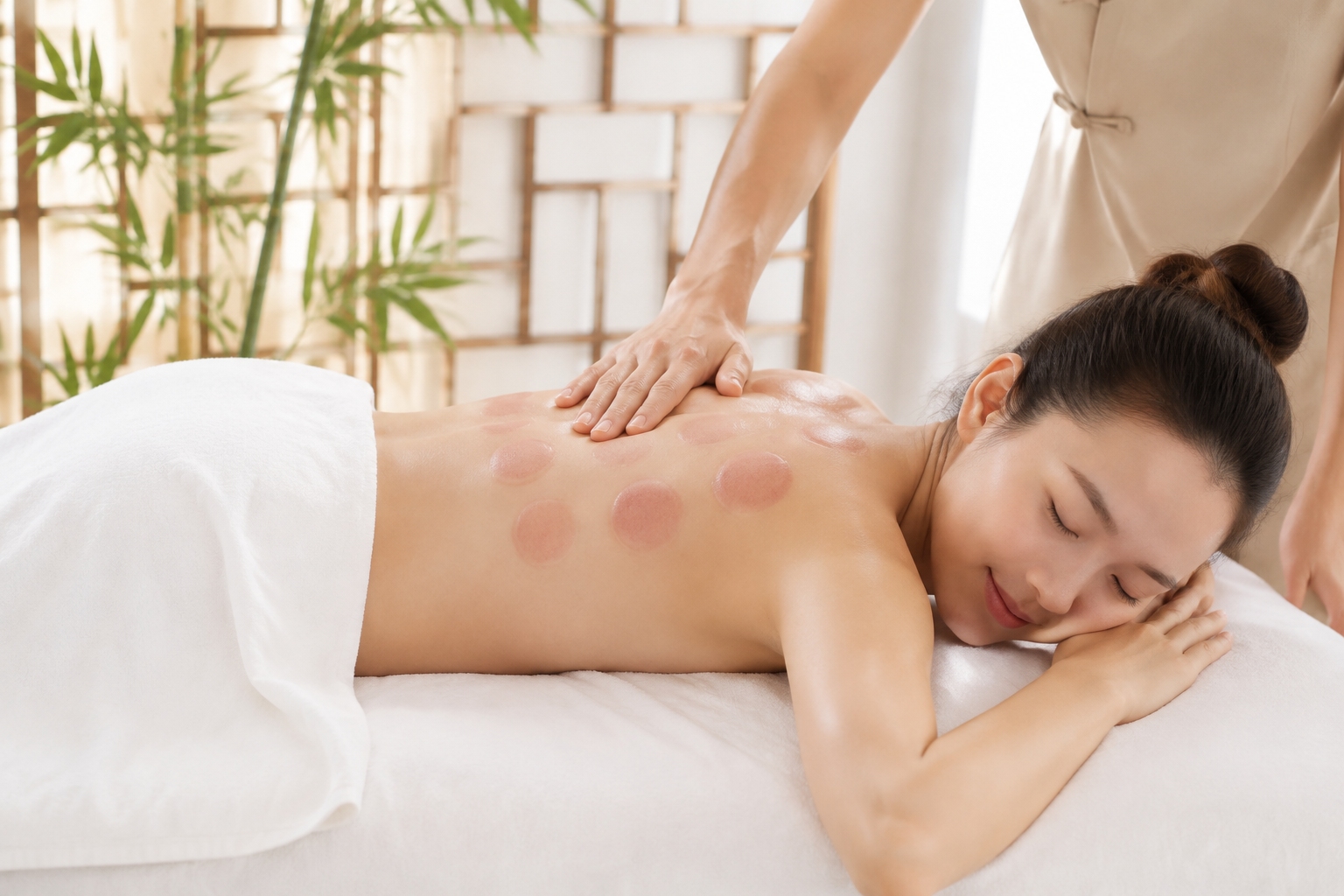 Cupping marks on a patient's back after a TCM session, showing purple circular bruises.