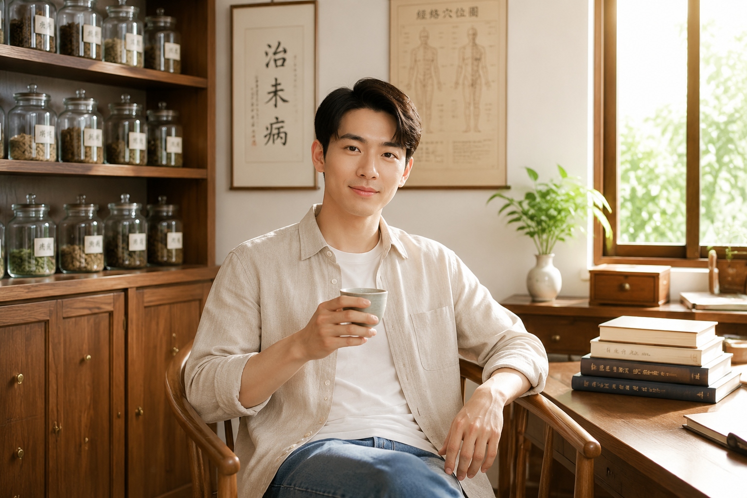 A young Chinese man waiting in a traditional Chinese medicine clinic, drinking tea after treatment.