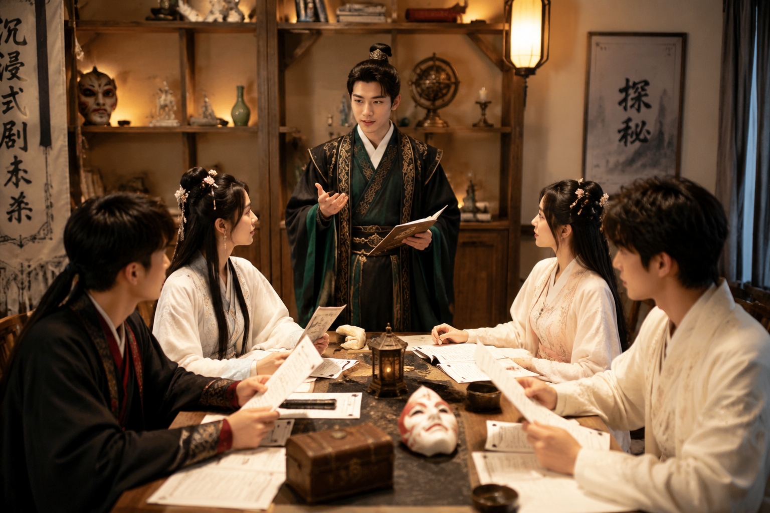 Young Chinese players gathered around a table inside a script-killing room with a game master in costume