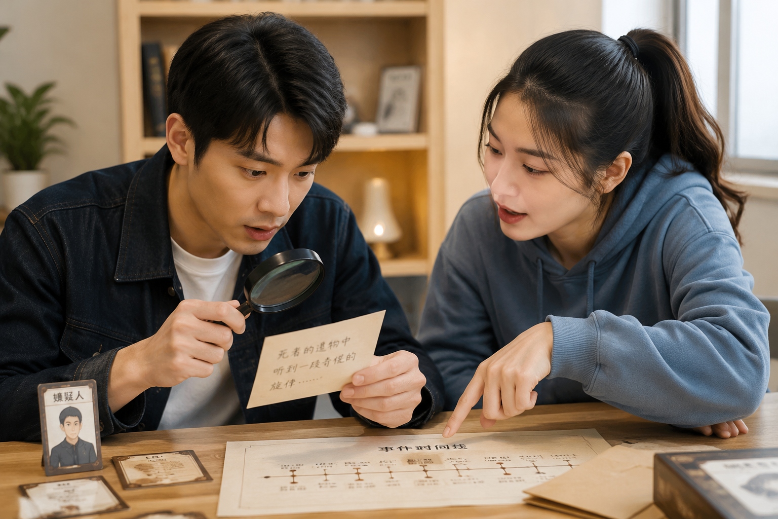 Players examining clues and exchanging theories during a juben sha game