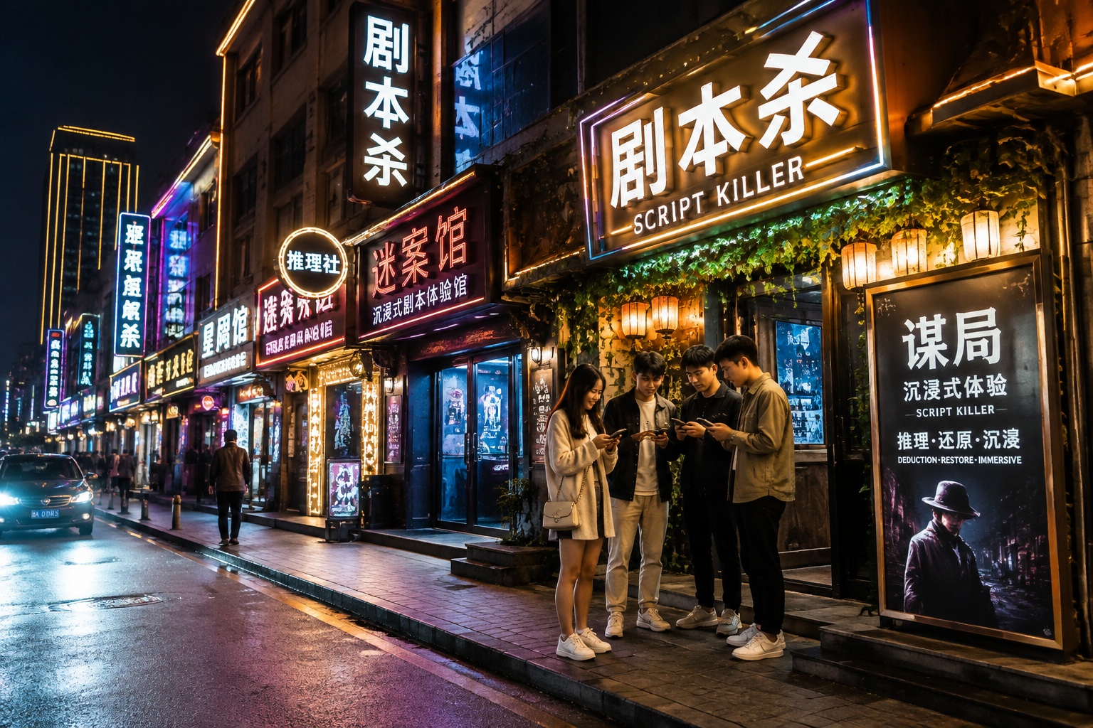 Nighttime street in a Chinese city lined with illuminated script-killing storefronts