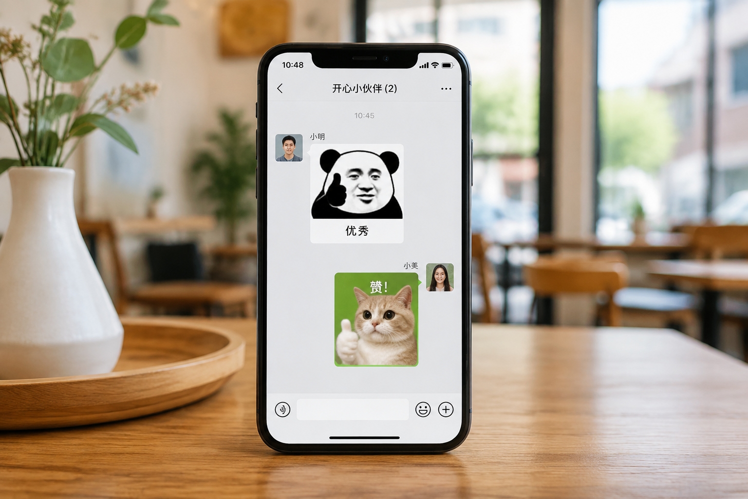 WeChat chat with panda and cat memes being exchanged
