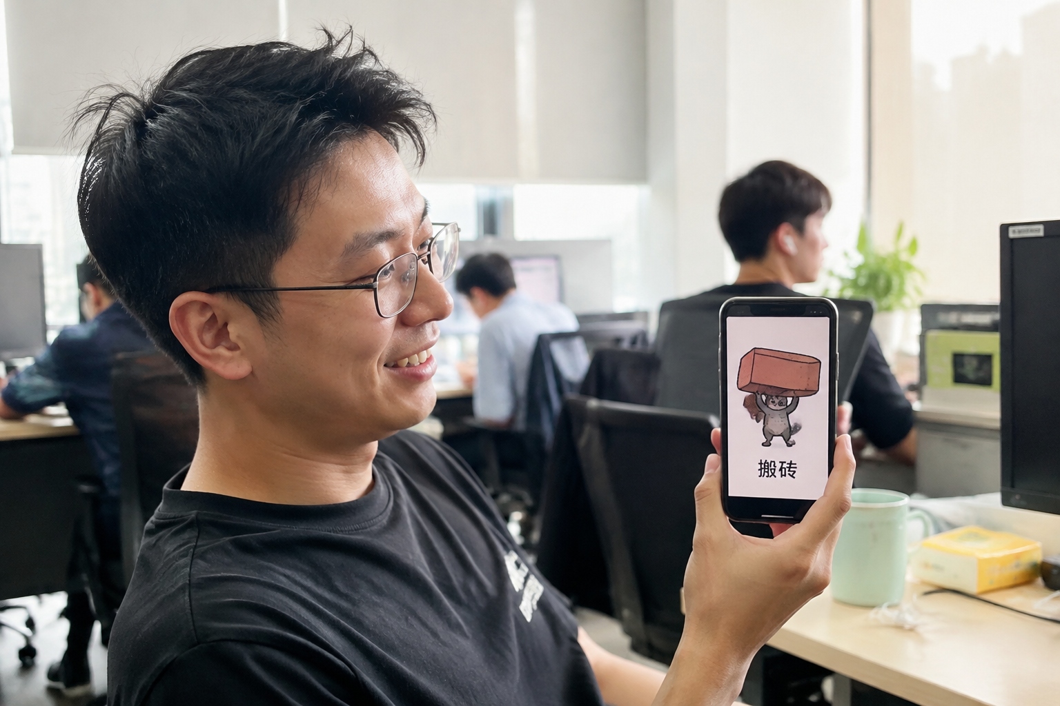 Chinese office worker laughing at a 'moving bricks' meme on phone